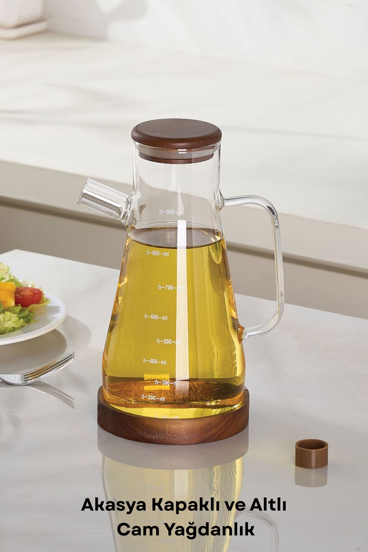 welcomein 900 ML Akasya Kapak ve Altlık Silikon Tıpa Isıya Dayanaklı Cam Yağdanlık Yağlık