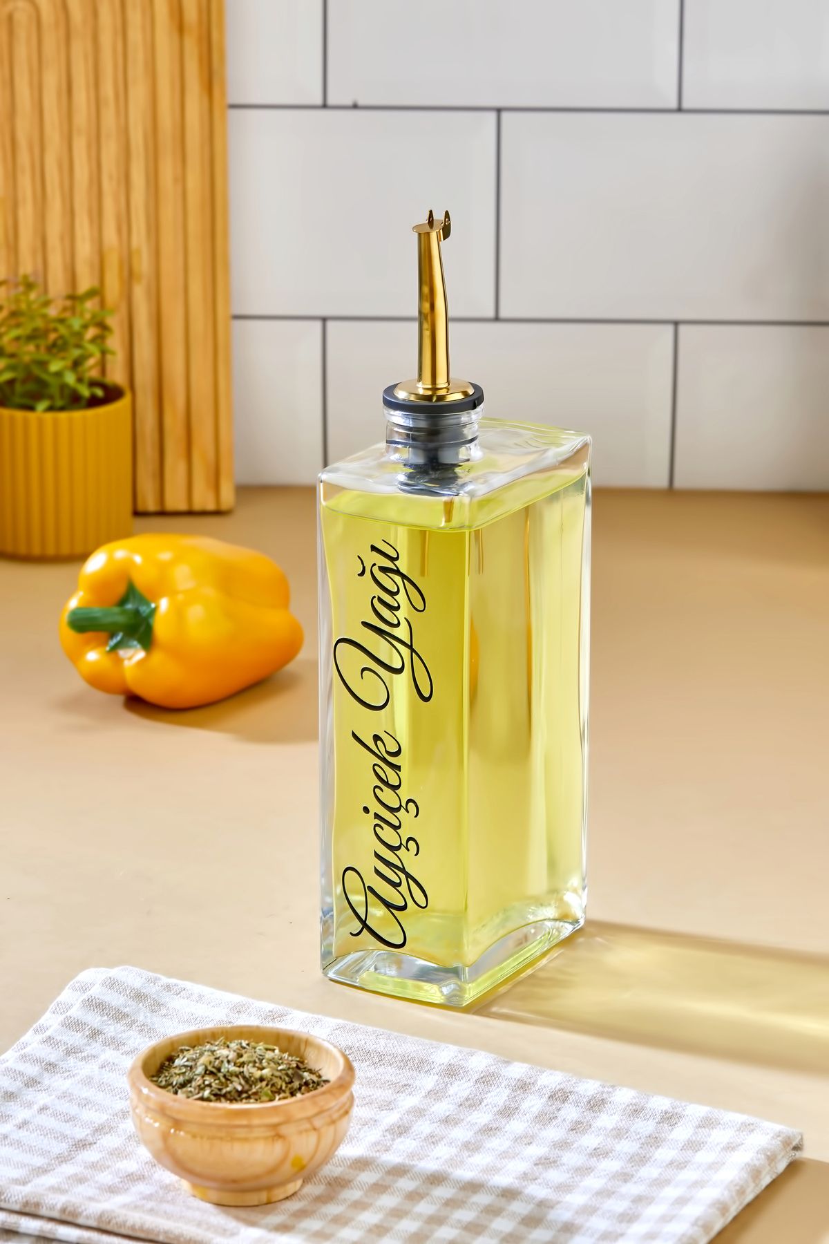 MODA OZY 1 Adet Cam Yağdanlık Metal Gold Kapaklı Transfer Etiketli Ayçiçek/Zeytinyağı/Sirke/Narekşisi 500ml