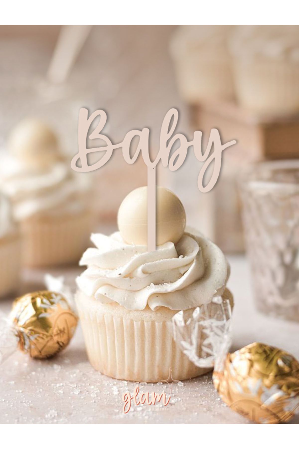 GLAM DEKORASYON Krem Renk Baby Yazılı Bebek Doğum Günü Cinsiyet Partisi Baby Shower Pasta Kürdanı Kek Tatlı Süsleri