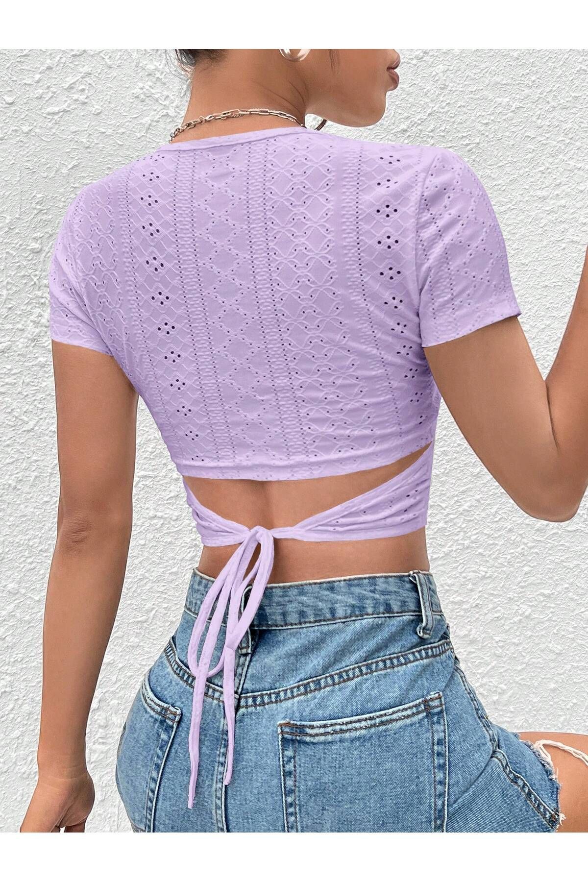 MEREN LİKE YOUR SYLE Lila Belden Bağlamalı Kısa Kollu Crop Bluz