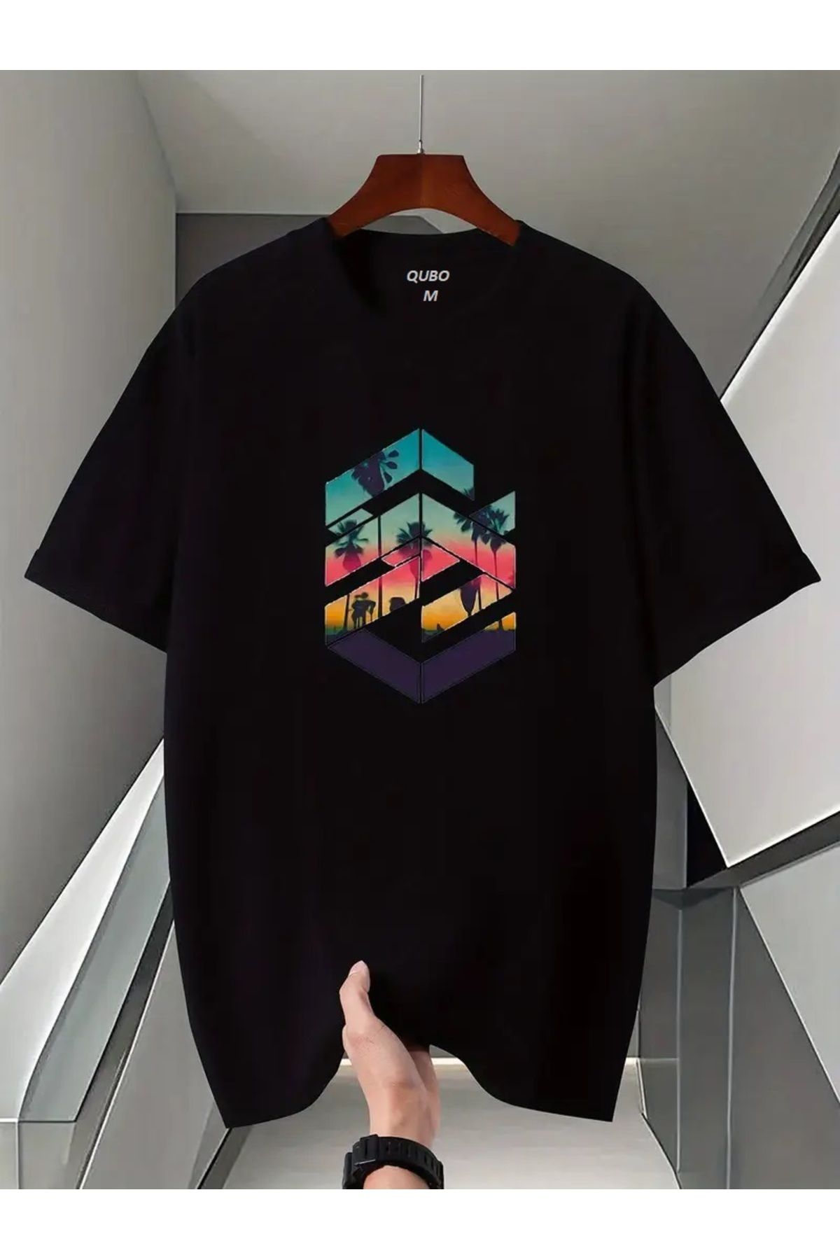 qubo sportswear & company qubo Unisex Oversize Baskılı Pamuklu Bisiklet Yaka Kısa Kollu SİYAH T-shirt