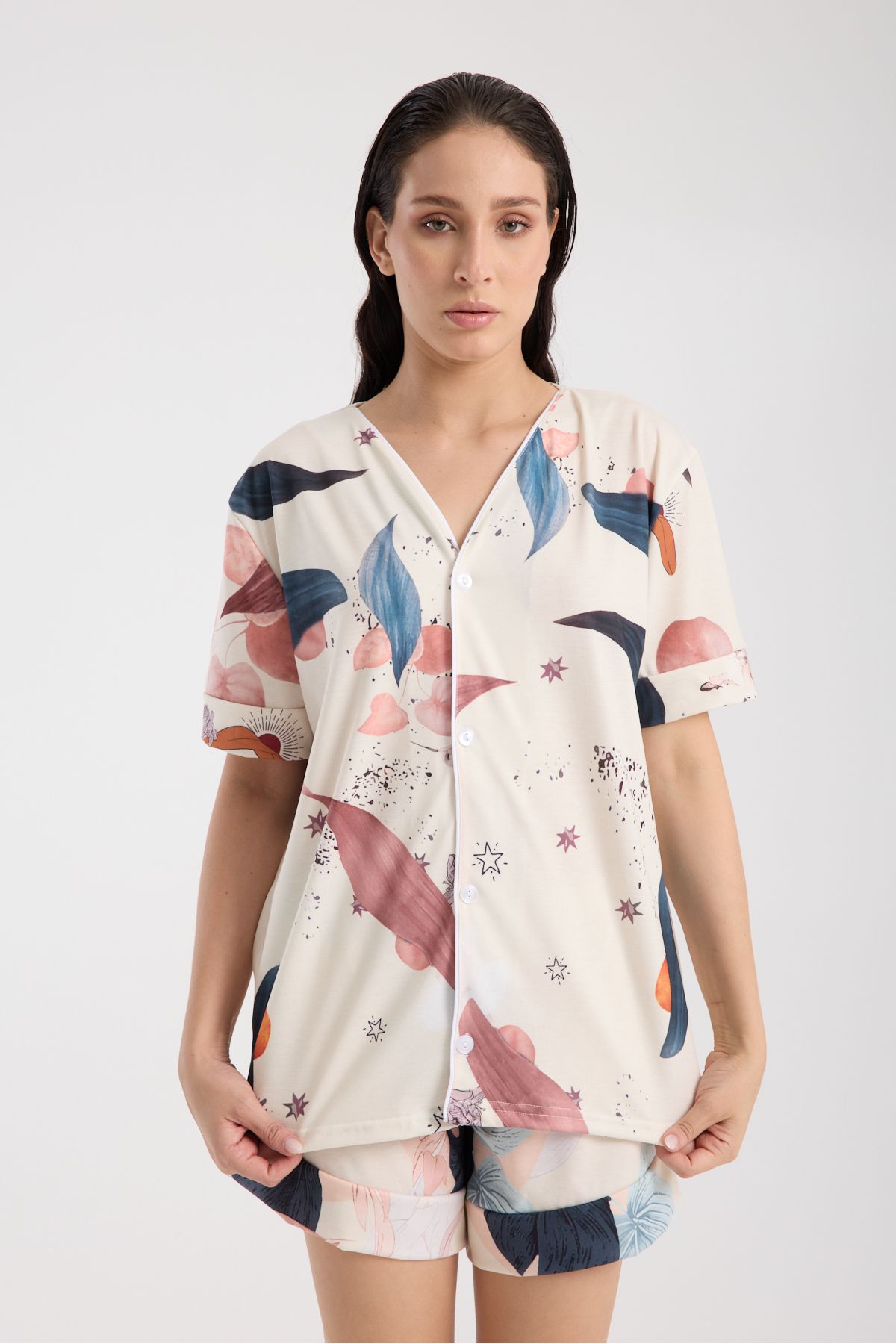 Rasabeauty Calm Gömlek Şort Düğmeli Pijama Takımı Renkli Desenli Pijama Takımı
