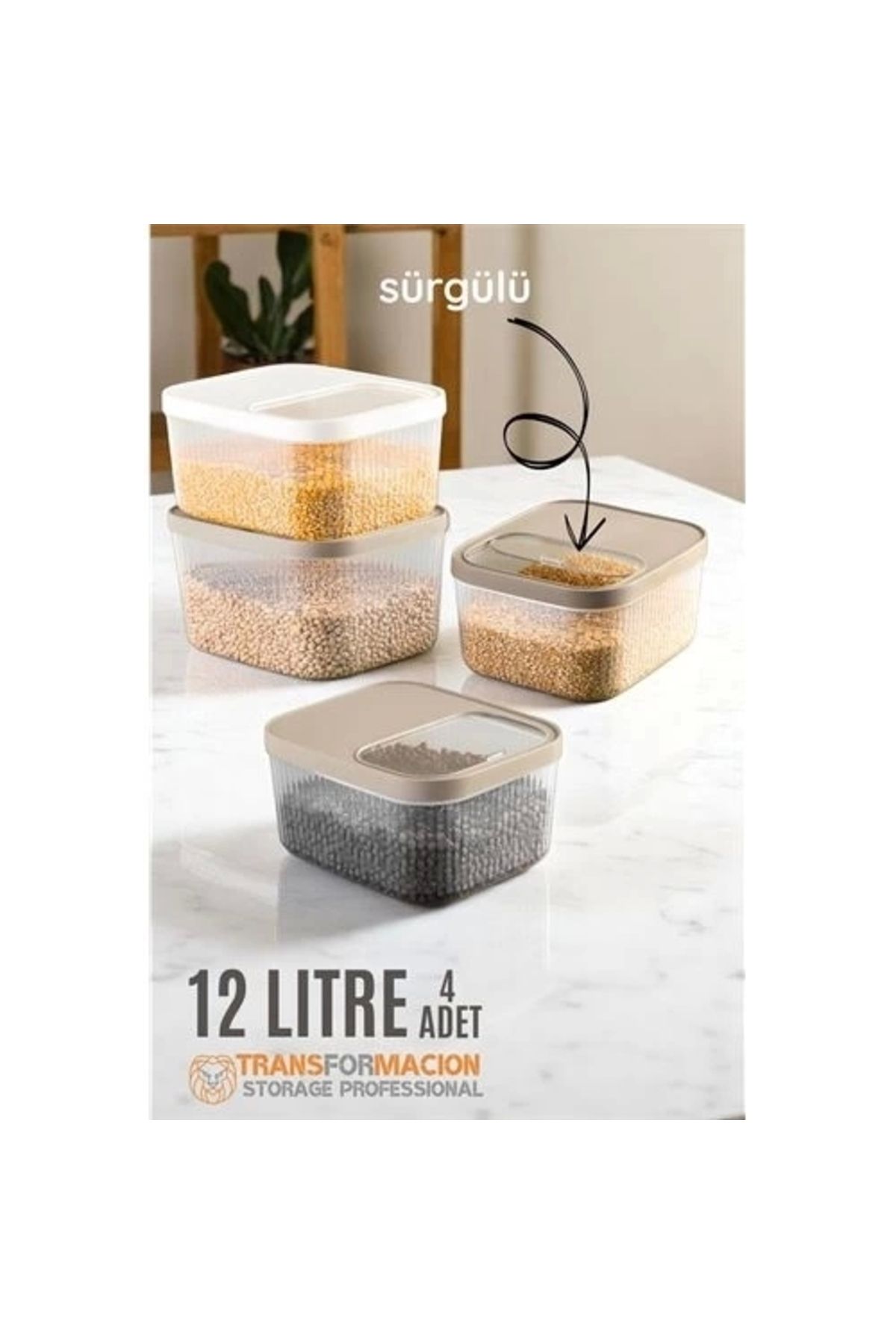 Generic Erzak Bakliyat Kutusu Sürgülü Kapak Saklama Kabı 12 Litre 4 ADET