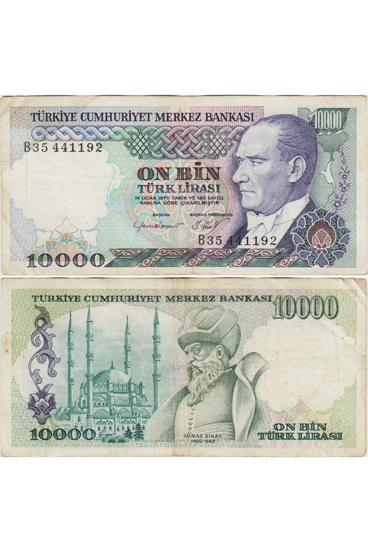 Banknoting TÜRKİYE CUMHURİYETİ 7. EMİSYON 2. TERTİP 10.000 LİRA B35. ÇOK TEMİZ KONDİSYON.