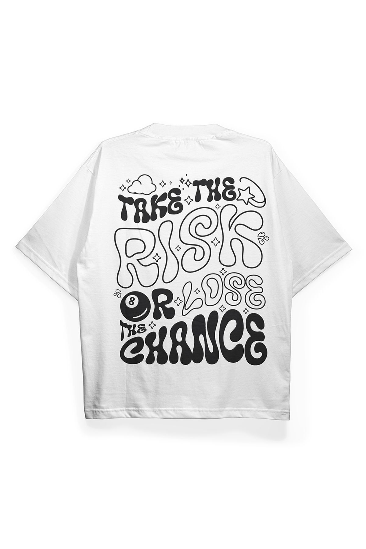 Pinned Unisex Take Risk Baskılı Beyaz Oversize Tişört | Arka ve Ön Baskılı Pamuk Yazlık Erkek Kadın Tshirt