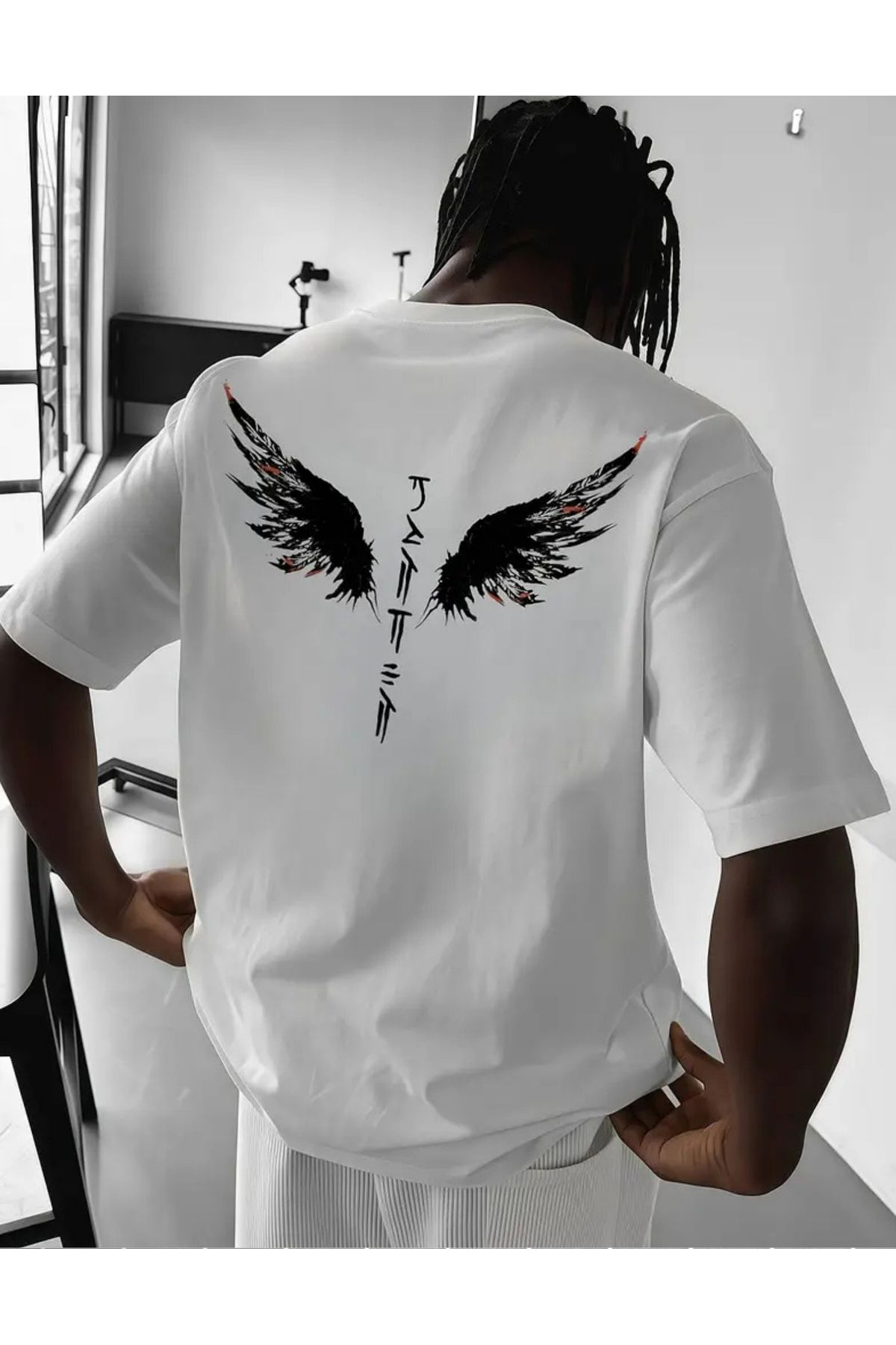 SAJA Unısex Kadın/Erkek Baskılı Oversize Düşük Kol Bisiklet Yaka T-Shirt