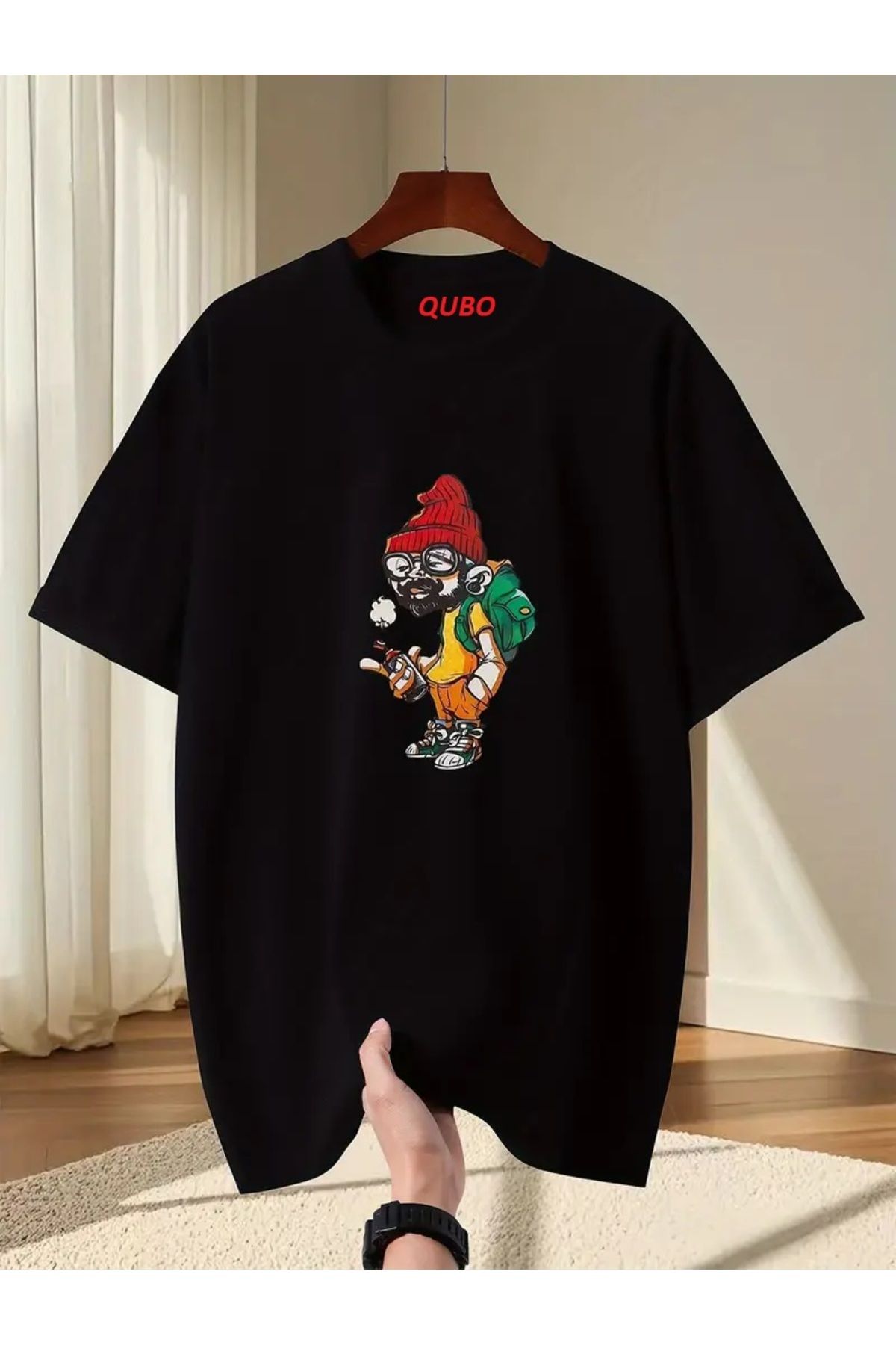 qubo sportswear & company qubo Unisex Oversize Baskılı Pamuklu Bisiklet Yaka Kısa Kollu SİYAH T-shirt