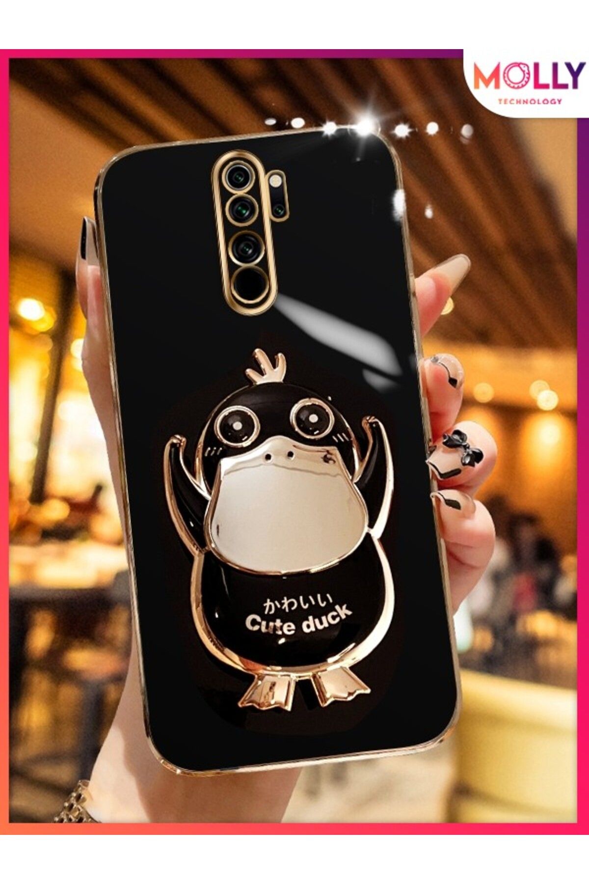 Molly Xiaomi Redmi 9 İçin Siyah Sevimli Ördek Standlı Kenarları Gold Detaylı Lüks Silikon Kılıf
