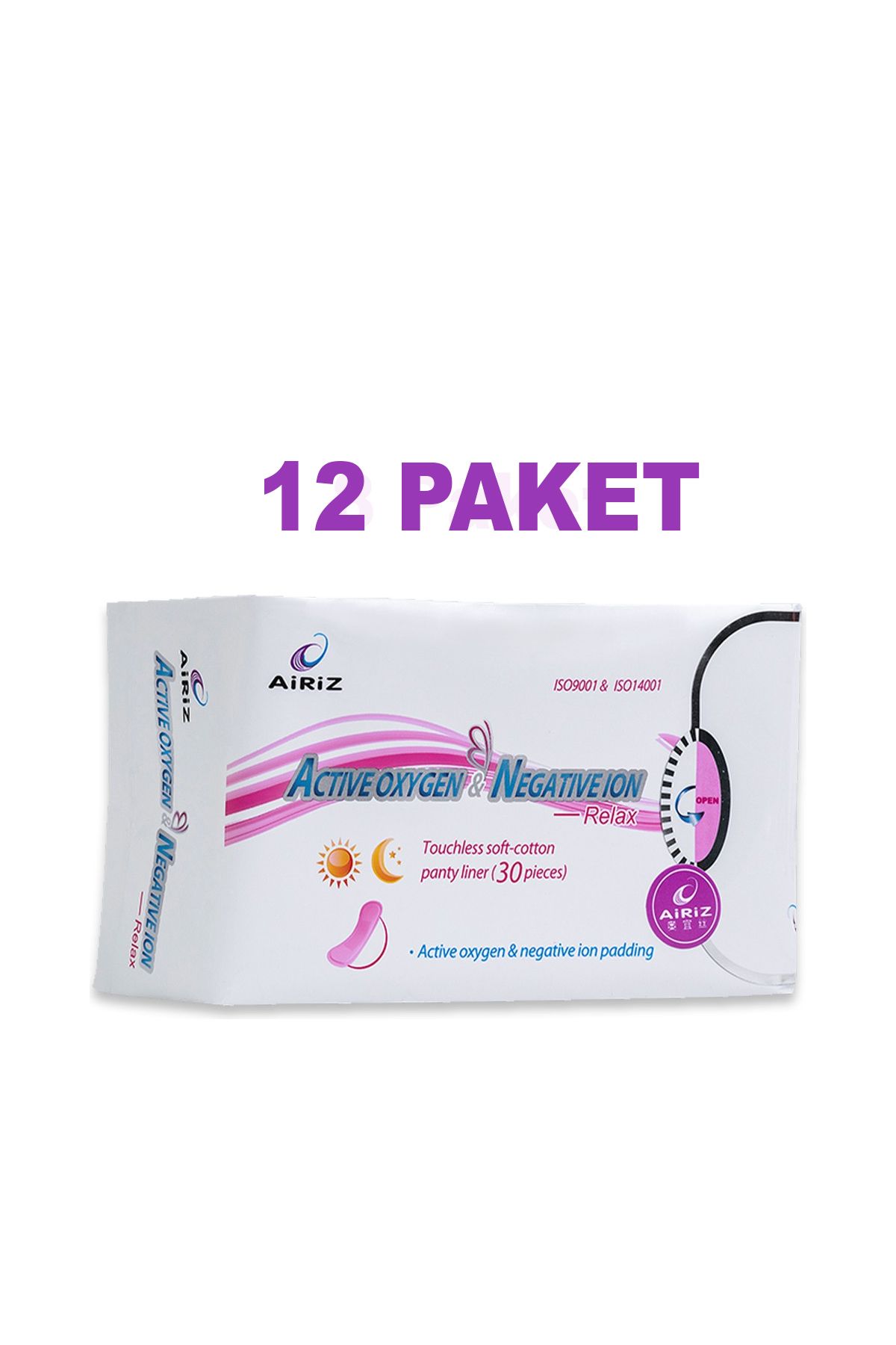 Pembe Gün Airiz Günlük Ped 30'lu - Active Oxygen & Negative Ion - Ince, Ferah ve Koku Önleyici Ped x12 Paket