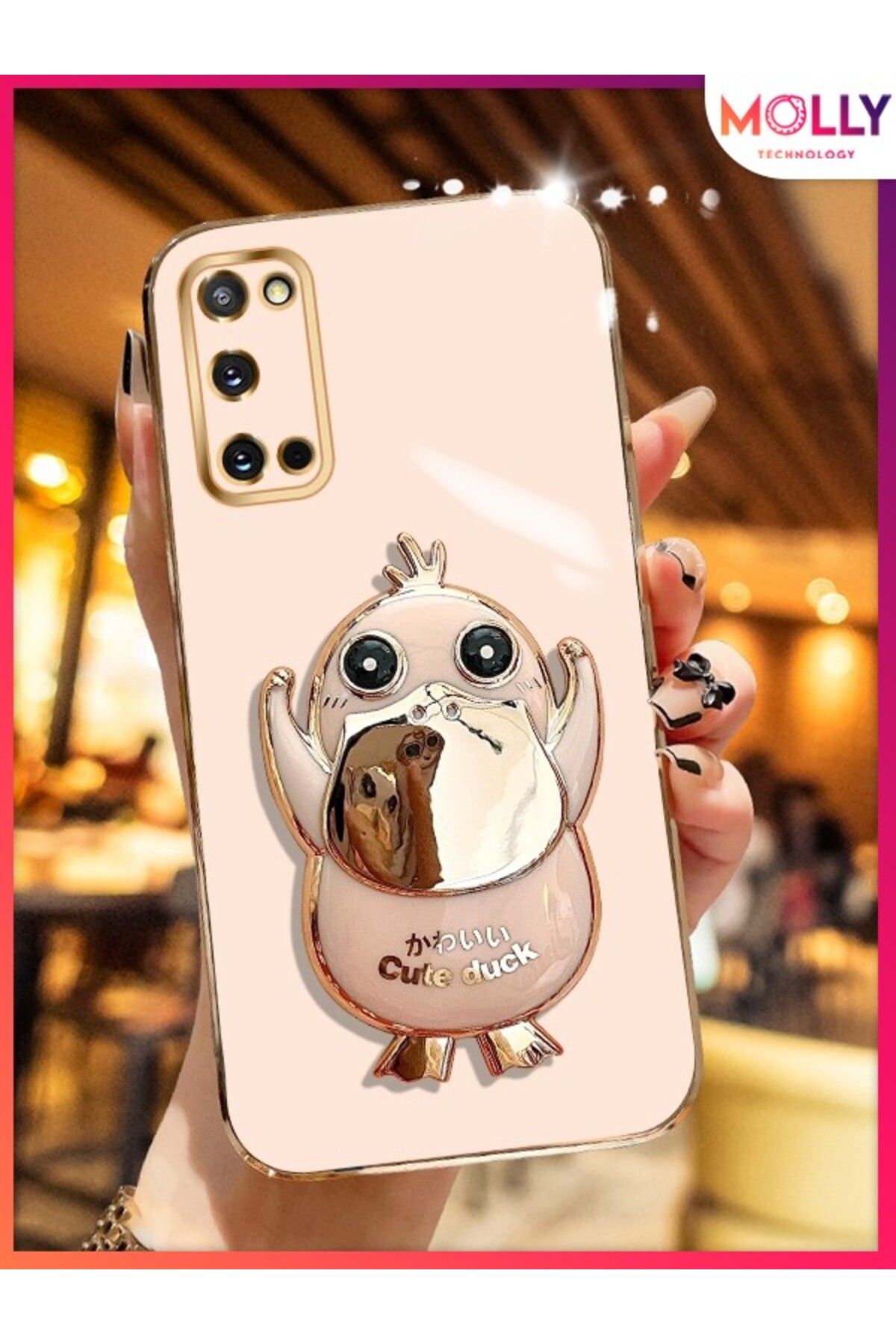Molly Samsung Galaxy S20 İçin Rose Sevimli Ördek Standlı Kenarları Gold Detaylı Lüks Silikon Kılıf