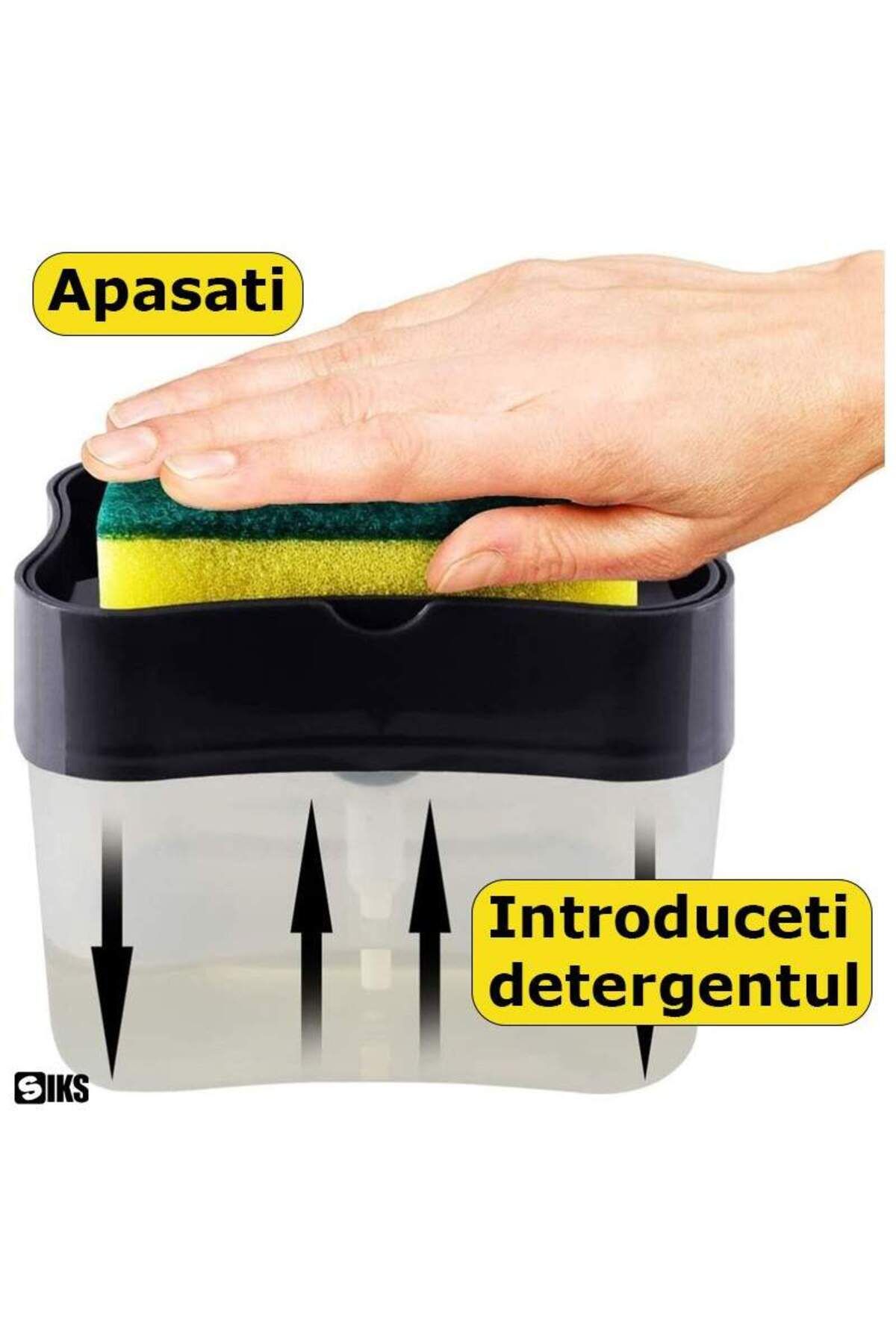 SIKS-Dozator de săpun 2 în 1, suport pentru burete, 380 ml, burete inclus, negru/transparent 5