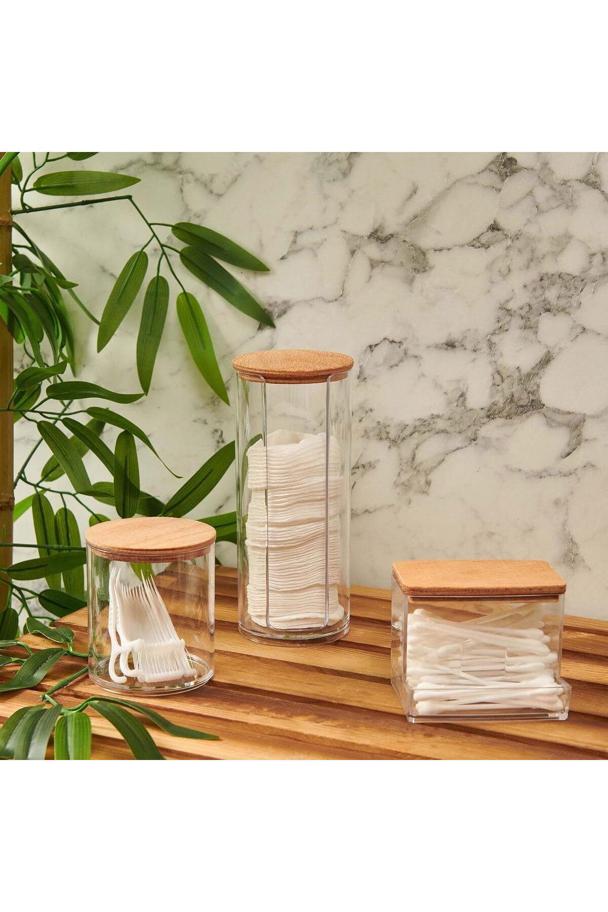 STOREMAX MU-ARTSHOP Ahşap Kapaklı 3'lü Organizer Set, Modern Pamukluk Düzenleyici Şık 3'lü Pamukluk Se