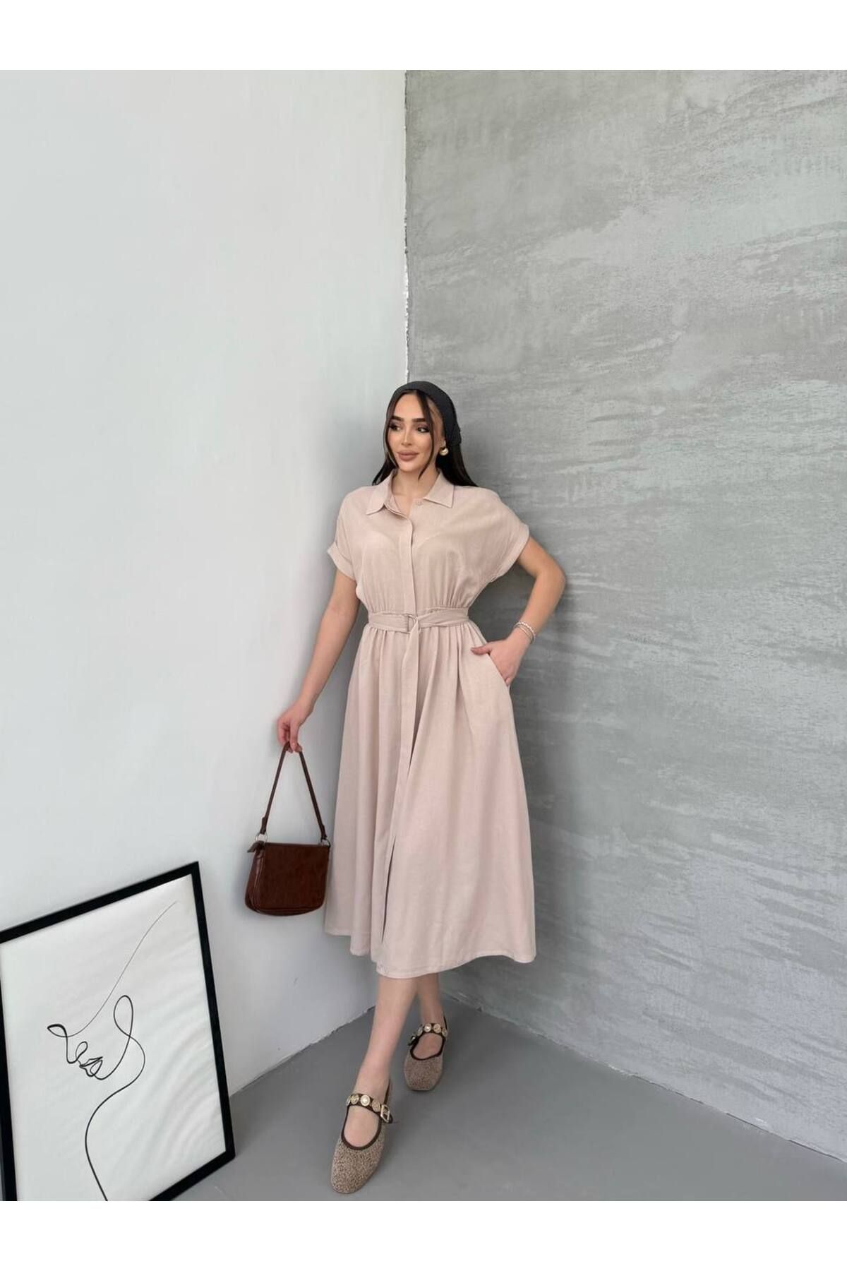 moda paketi Keten Midi Boy Kemerli Elbise