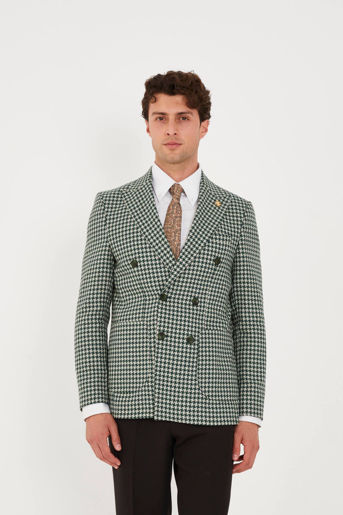 The Tailor Classics Kazayağı Desenli Çift Yırtmaçlı Kruvaze Ceket