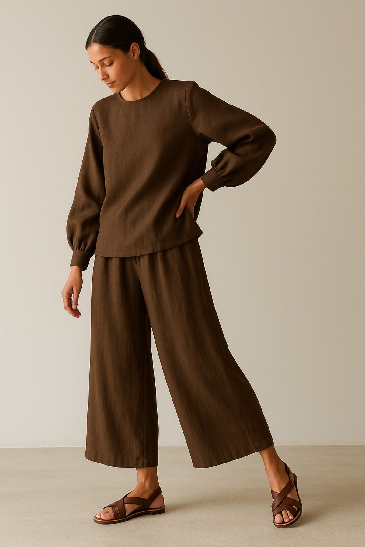 Buket Veli Atelier Kahverengi Keten Kadın Alt Üst Pantolon Bluz Büyük Beden Yazlık Takım