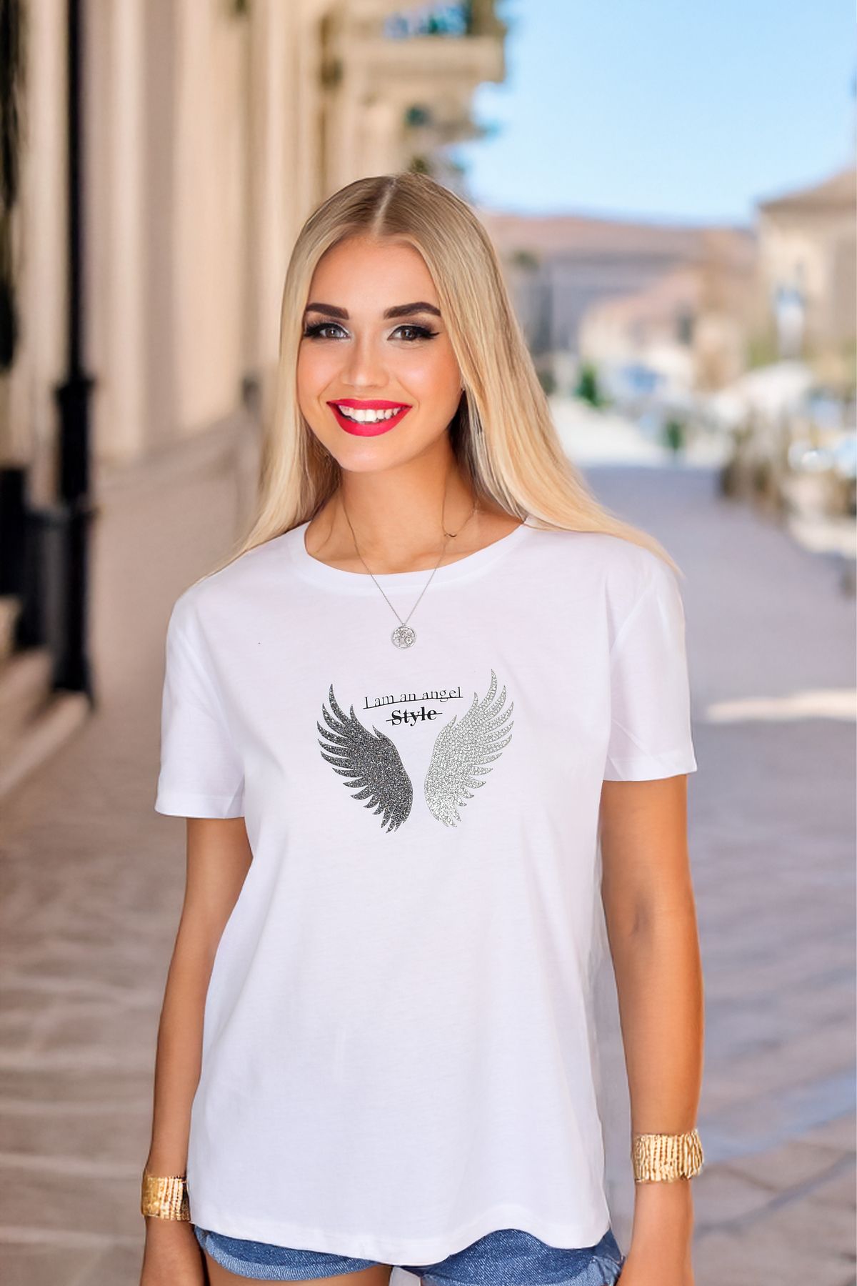 Pia Velle I Am an Angel Style Kanat Desenli Kadın Beyaz Tişört