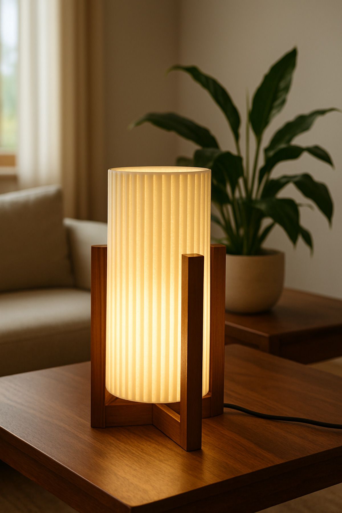 3D Baskı flx Ahşap Ayaklı Silindir Masa Lambası – Modern LED Aydınlatma, Gece Lambası ve Çalışma Masası Işığı