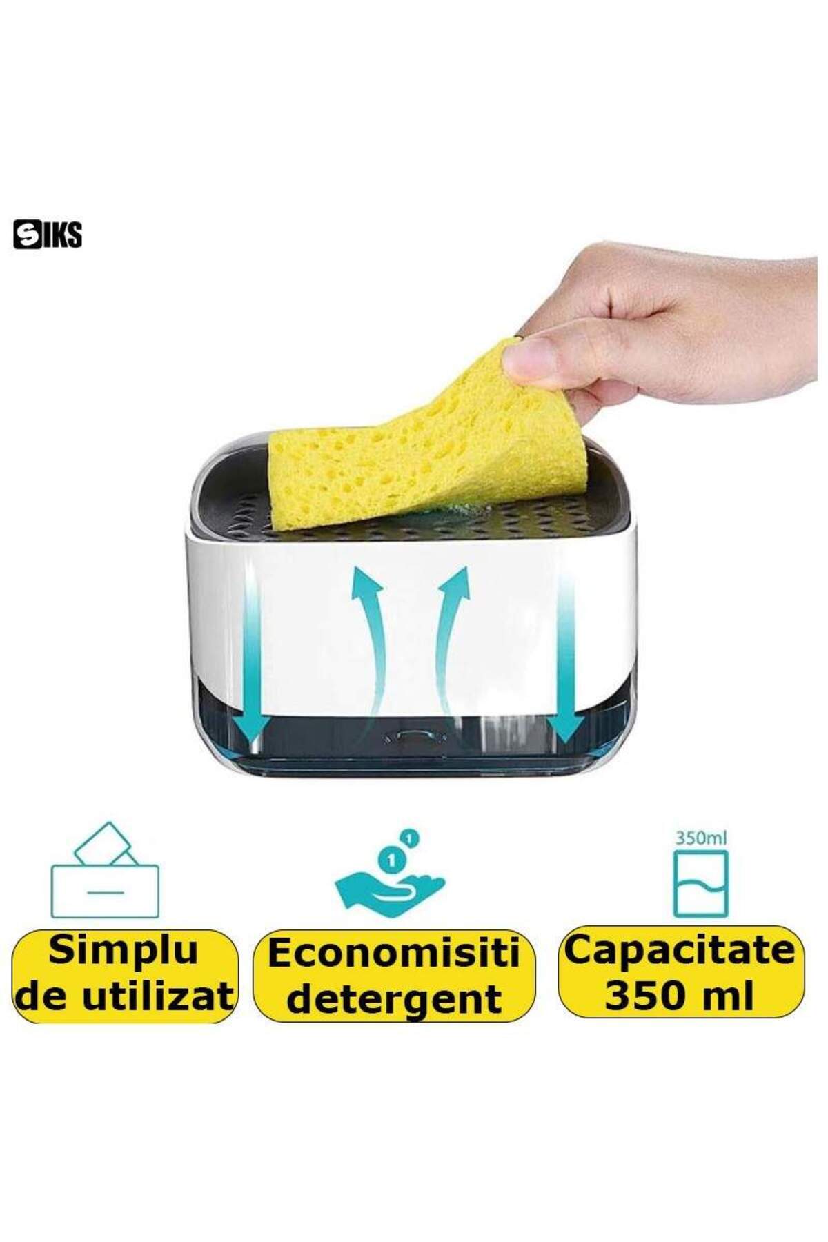 SIKS-Dozator de săpun 2 în 1, detergent lichid, capacitate 350 ml, burete inclus, alb/gri 6