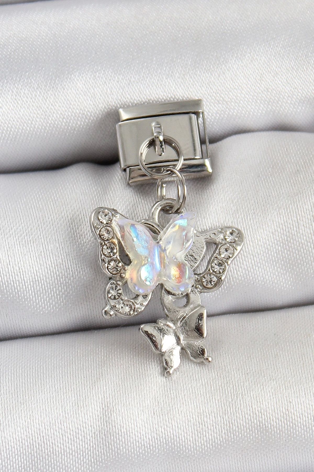 luz&pos 316L Çelik Sallantılı Zirkon Taşlı Kelebek Model Gümüş Renk Nomination Charm