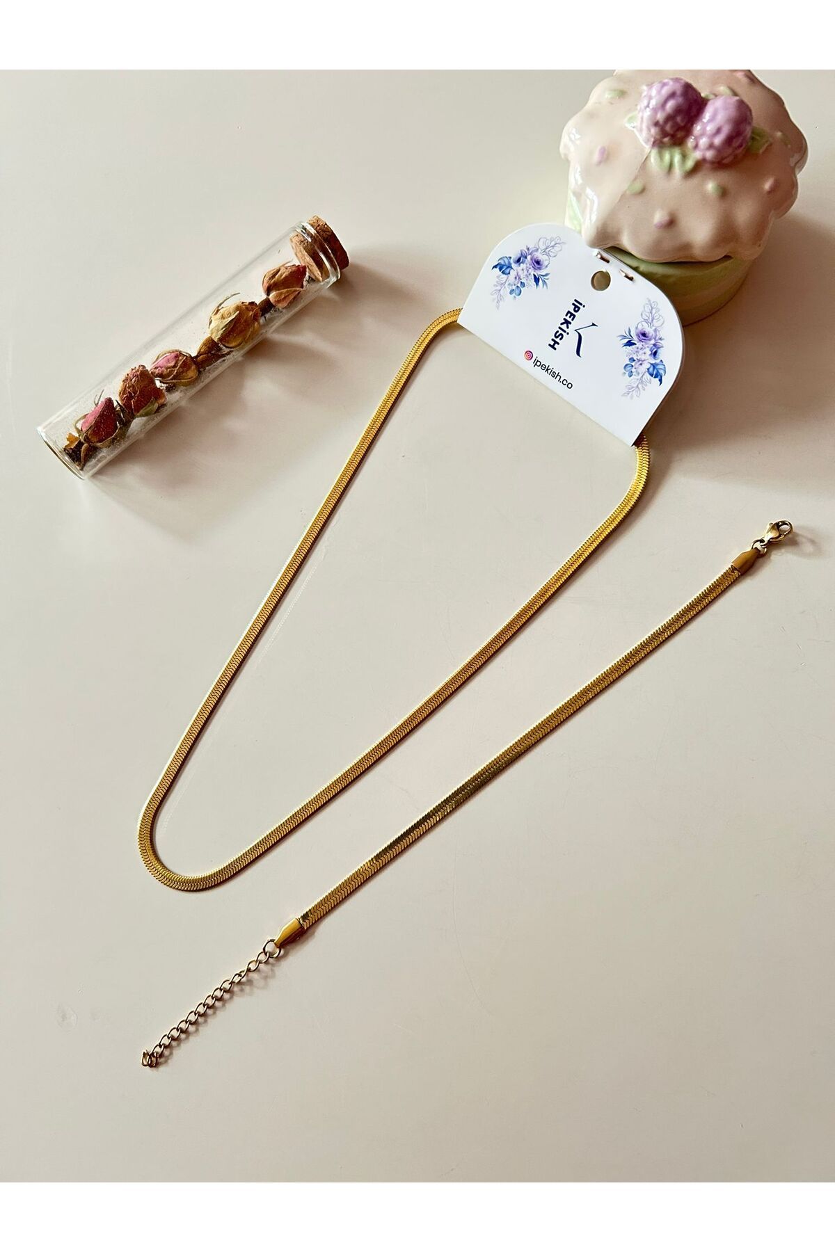 Cheecky Chic İpekish | Gold Renk 45 cm İtalyan Zincir Paslanmaz Çelik Kolye ve Ayarlanabilir Bileklik Seti