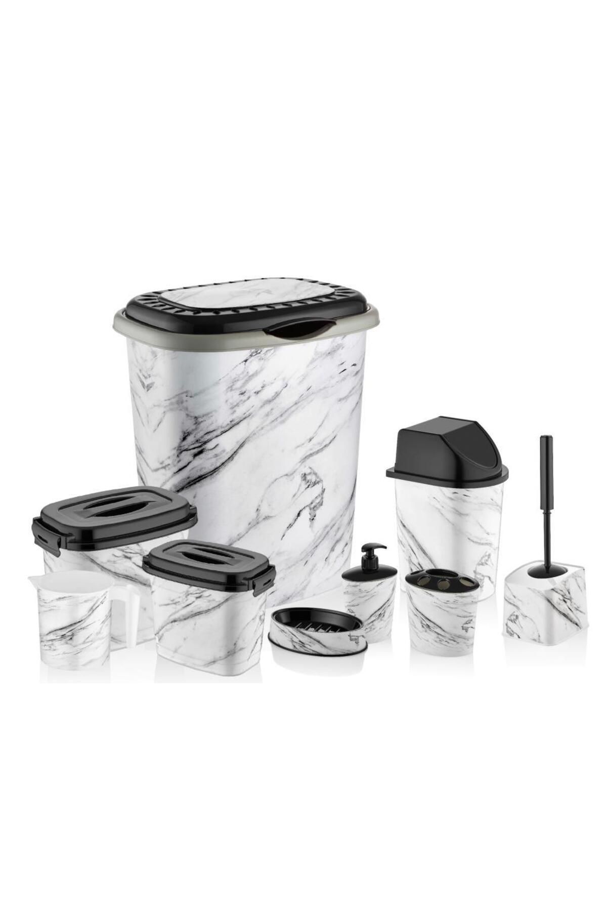 Omnipazar OZR-D053 X128 Beyaz Mermer Desenli 9 Parça Plastik Banyo Seti