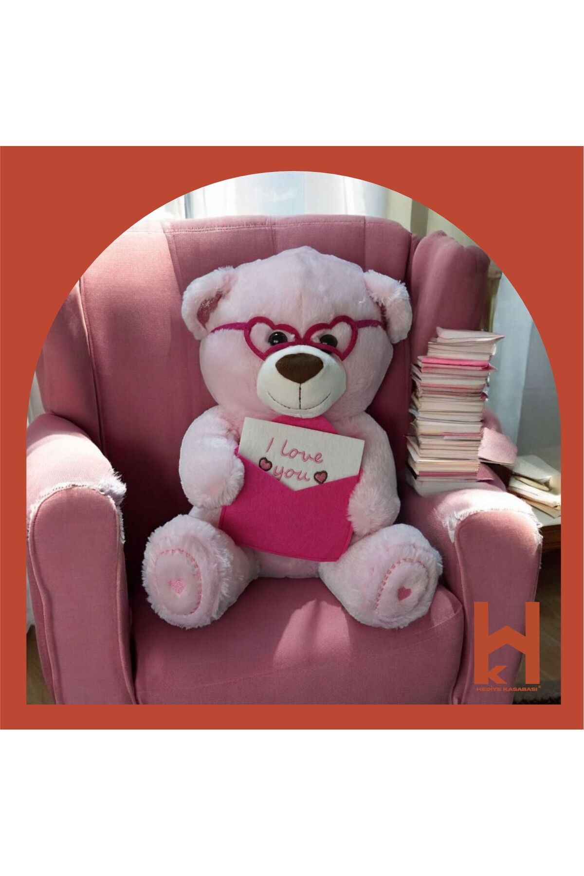 Hediye Kasabası 37 CM MEKTUP TUTAN GÖZLÜKLÜ OYUNCAK PELUŞ AYICIK ( PEMBE )