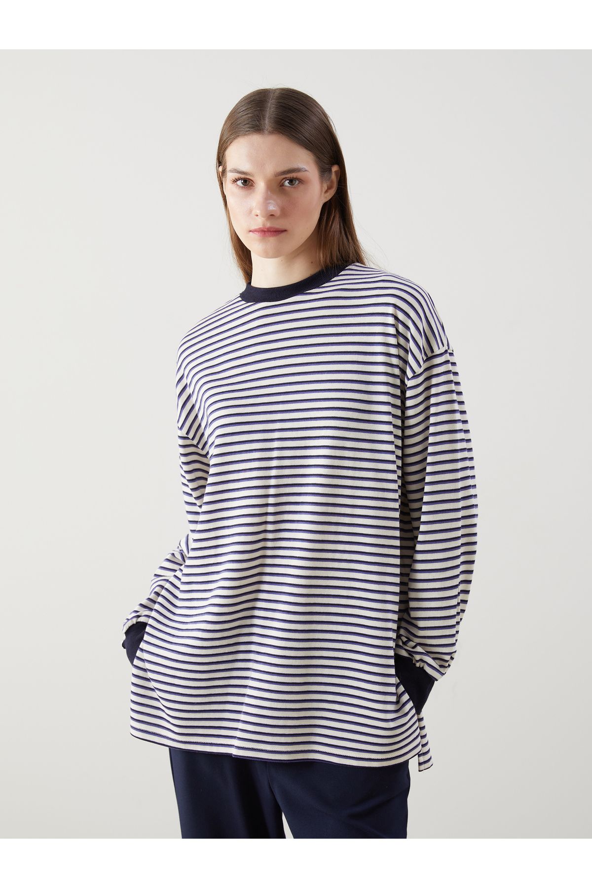 LC Waikiki Bisiklet Yaka Çizgili Oversize Kadın Tunik