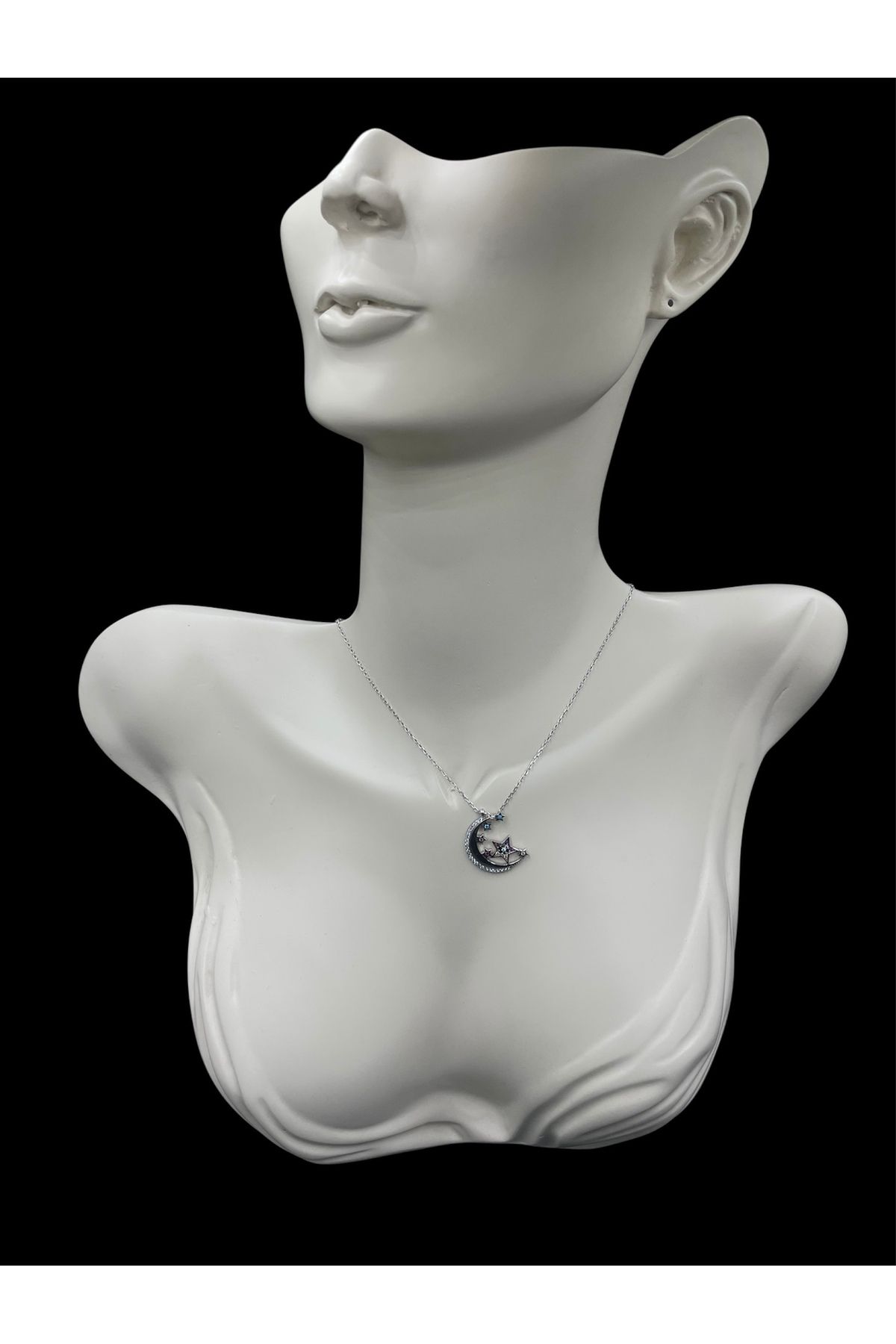 nefjewelrydesign 925 Ayar Gümüş 44cm Taş Detaylı Ay ve Yıldızlar Model Kolye
