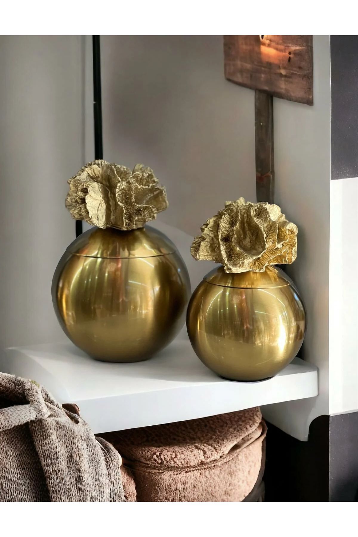 DEKORANLA Şık 2'li Mercan Kutu Seti, Eskitme ve Gold Detaylar