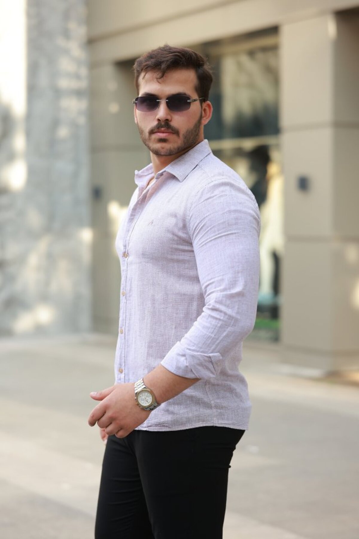 GETFAY Erkek Pamuklu Keten Gömlek-Taba fotoğrafı 2 (önizleme)