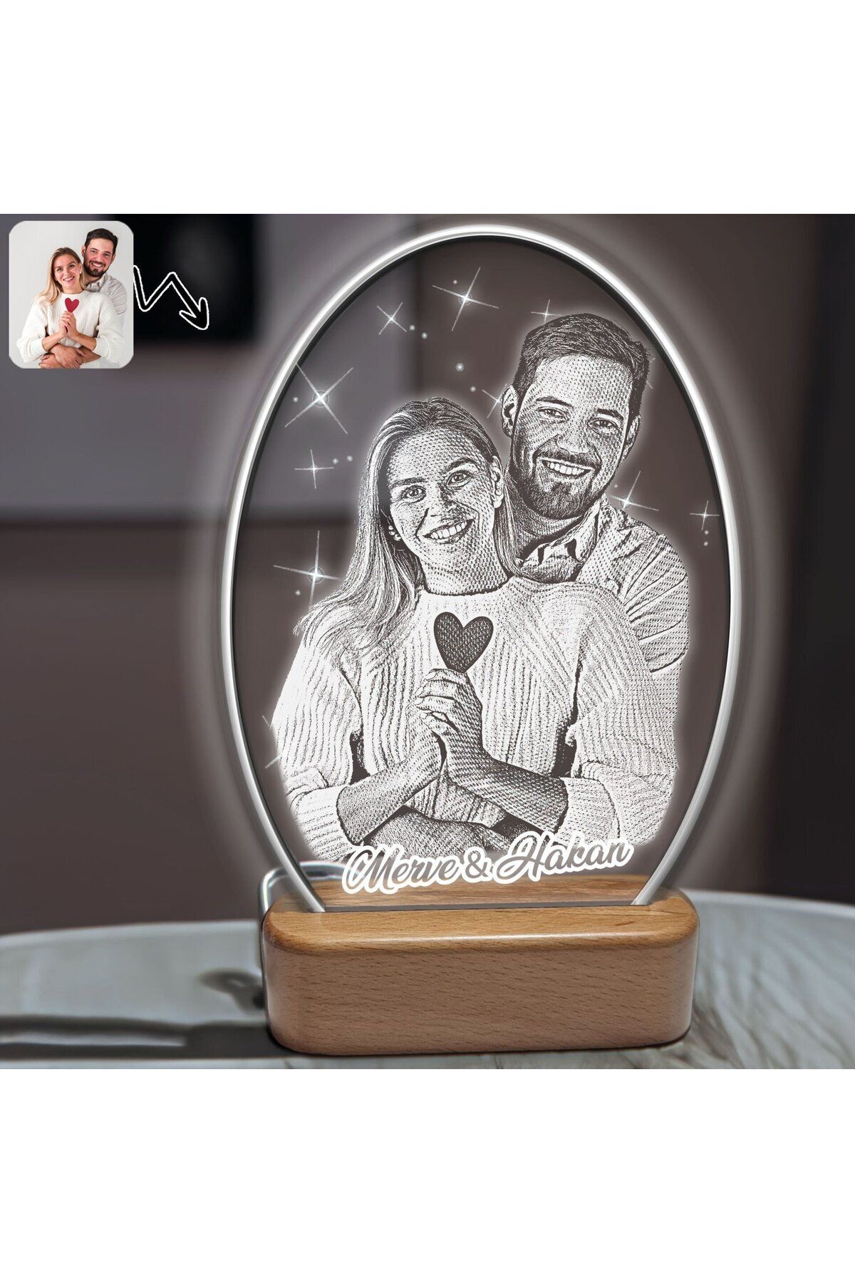 DEKORANLA Kişiye Özel 3D Oval Fotoğraflı LED Gece Lambası, Sevgili ve Arkadaş Hediye