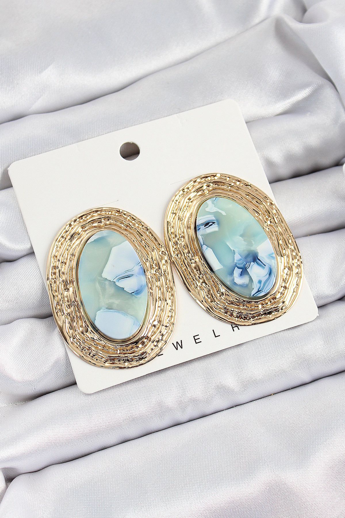 LovelymCo Pirinç Mermer Desenlli Mavi Oval Vintage Model Gold Renk Kadın Küpe - Lisinya