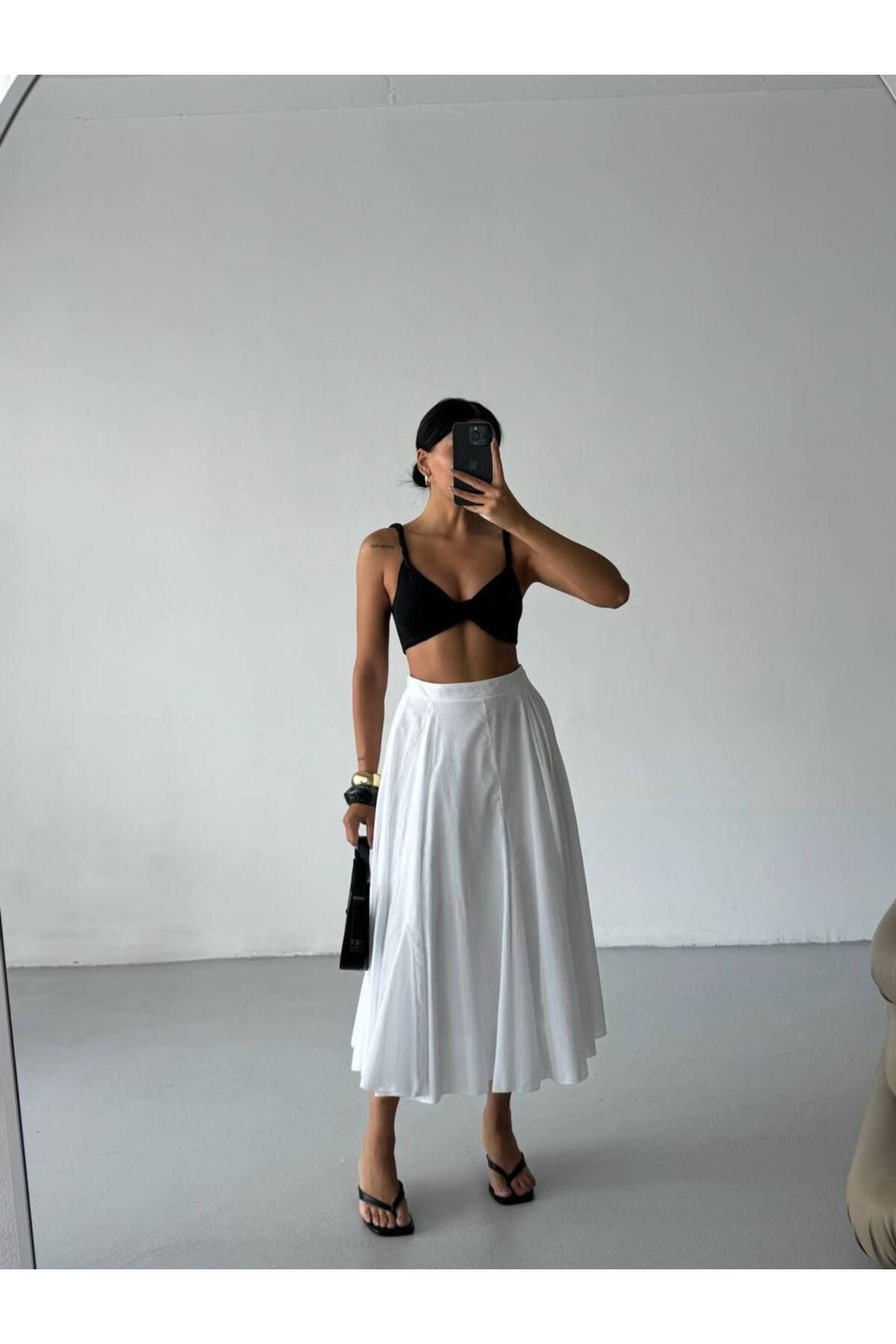 Castivo Fashion Beyaz Yüksek Bel A Form Midi Kadın Etek