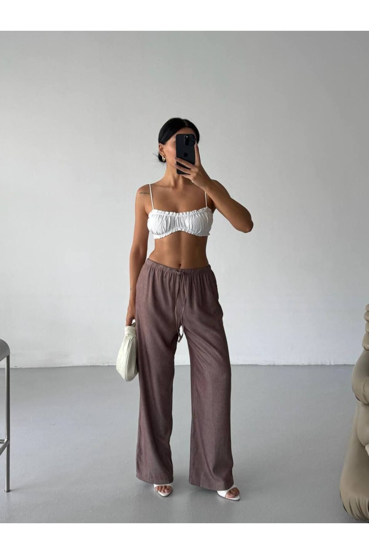 Castivo Fashion Yüksek Bel Beli Bağcıklı Rahat Kalıp Bol Paça Pantolon