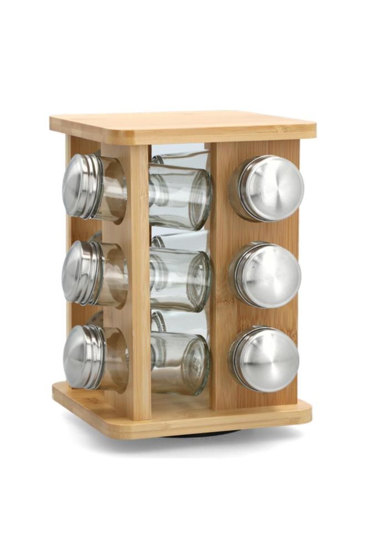 Generic-Bien Servi 12-Piece Bamboo Spice Jar Set with Rotating Stand Clear and Brown G17-X265 4