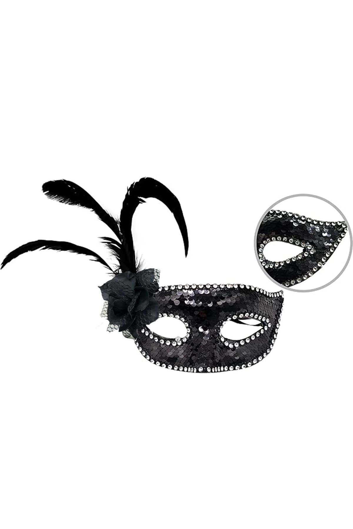 Yuba Avm Siyah Renk Yandan Tüylü Güllü Gümüş Taşlı Pullu Maske 20x22 Cm