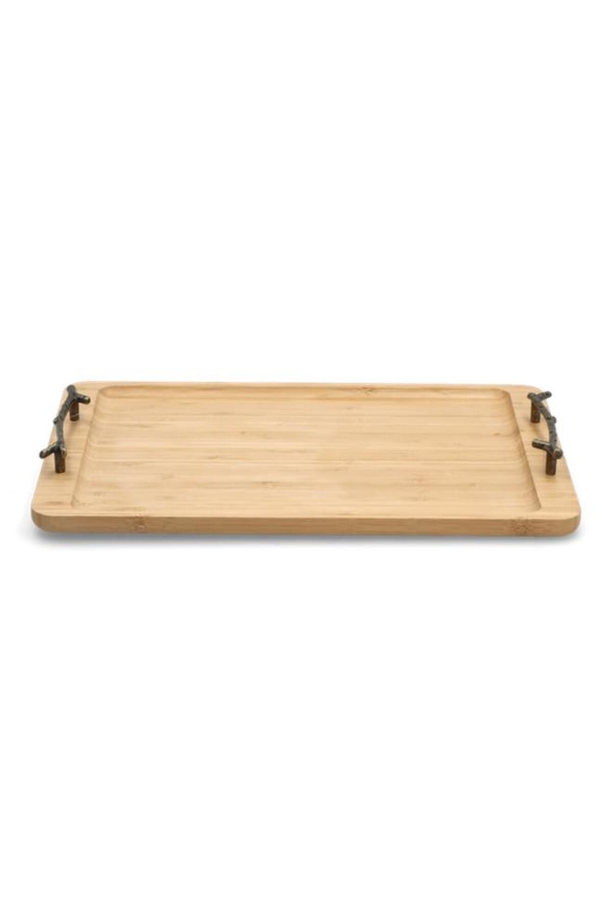 Generic-Bien Servi Durable Rectangular Bamboo Serving Tray with Metal Handle Brown 40 x 25cm G17-X344 2