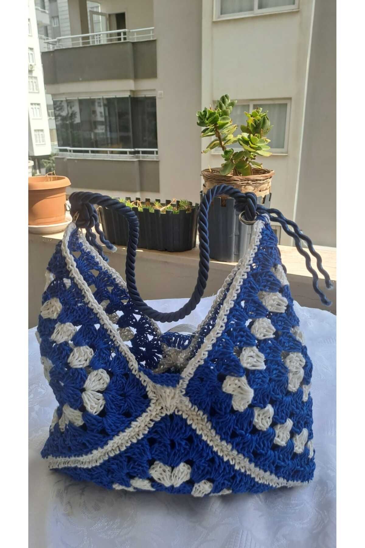 özlemmmoda Kadın Omuz Çantası Mavi Beyaz El Emeği