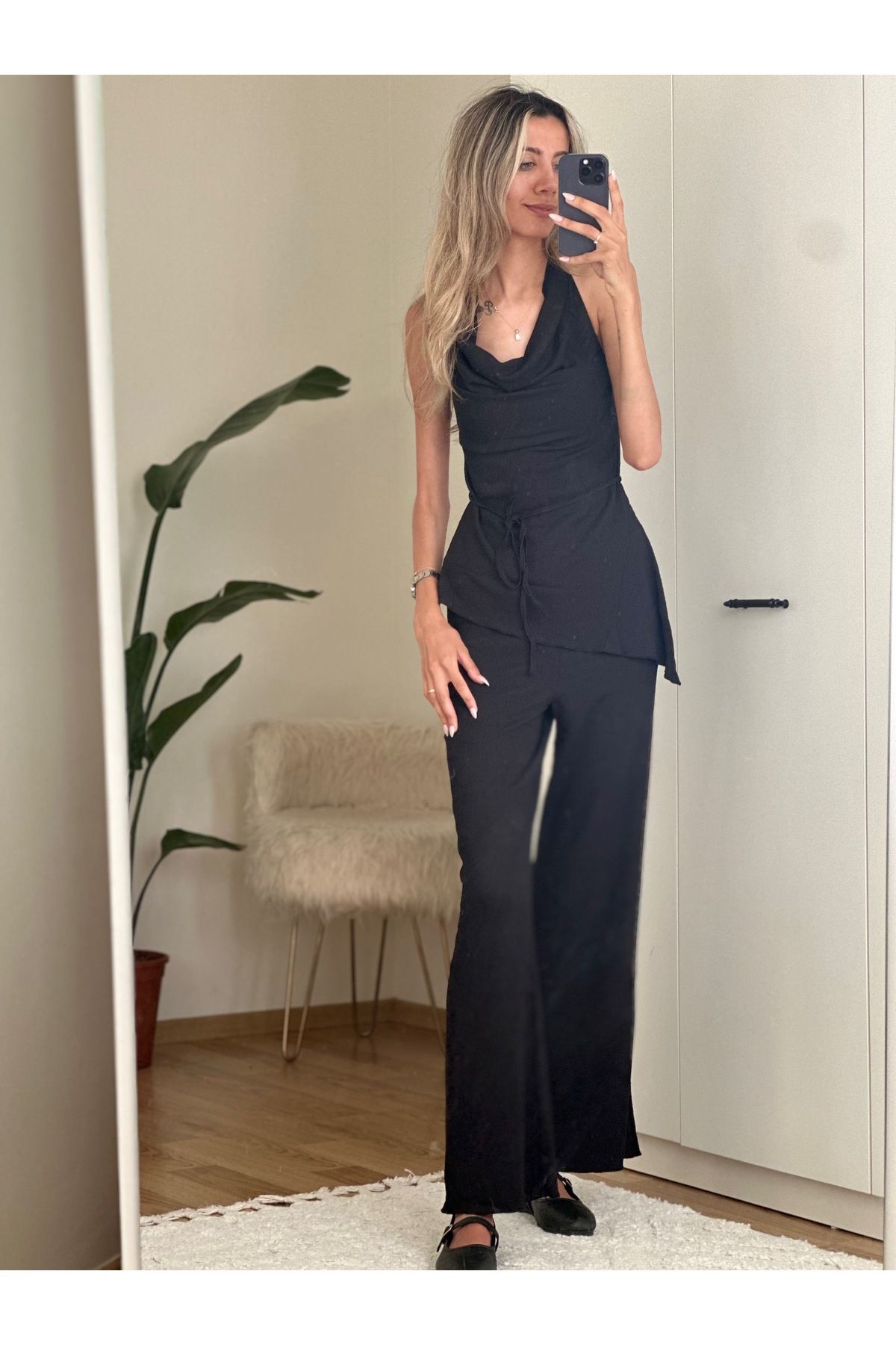 MODA Boyundan Geçmeli Bluz Pantolon Esnek Örme Takım Siyah