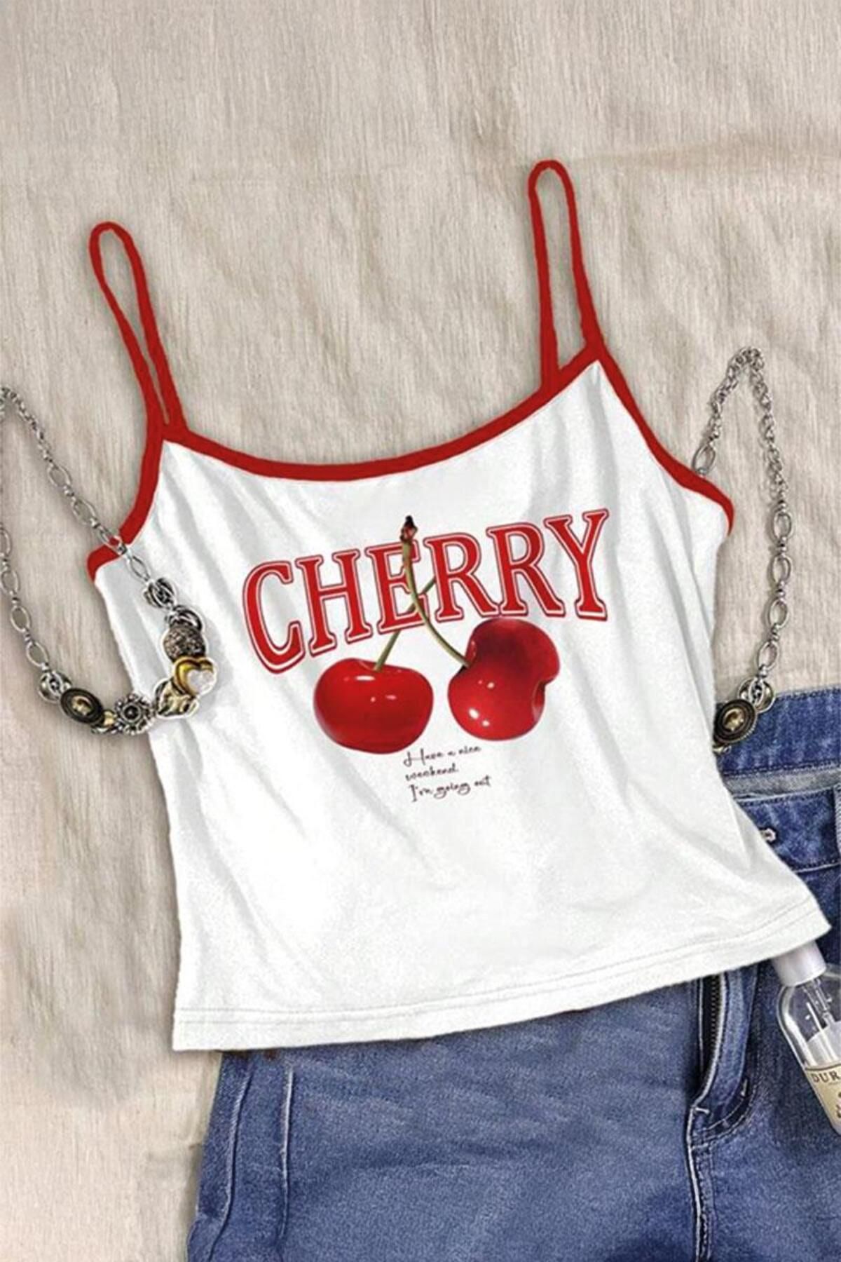 Karakedi Beyaz Cherry Bomb Y2K Kırmızı Askılı Crop