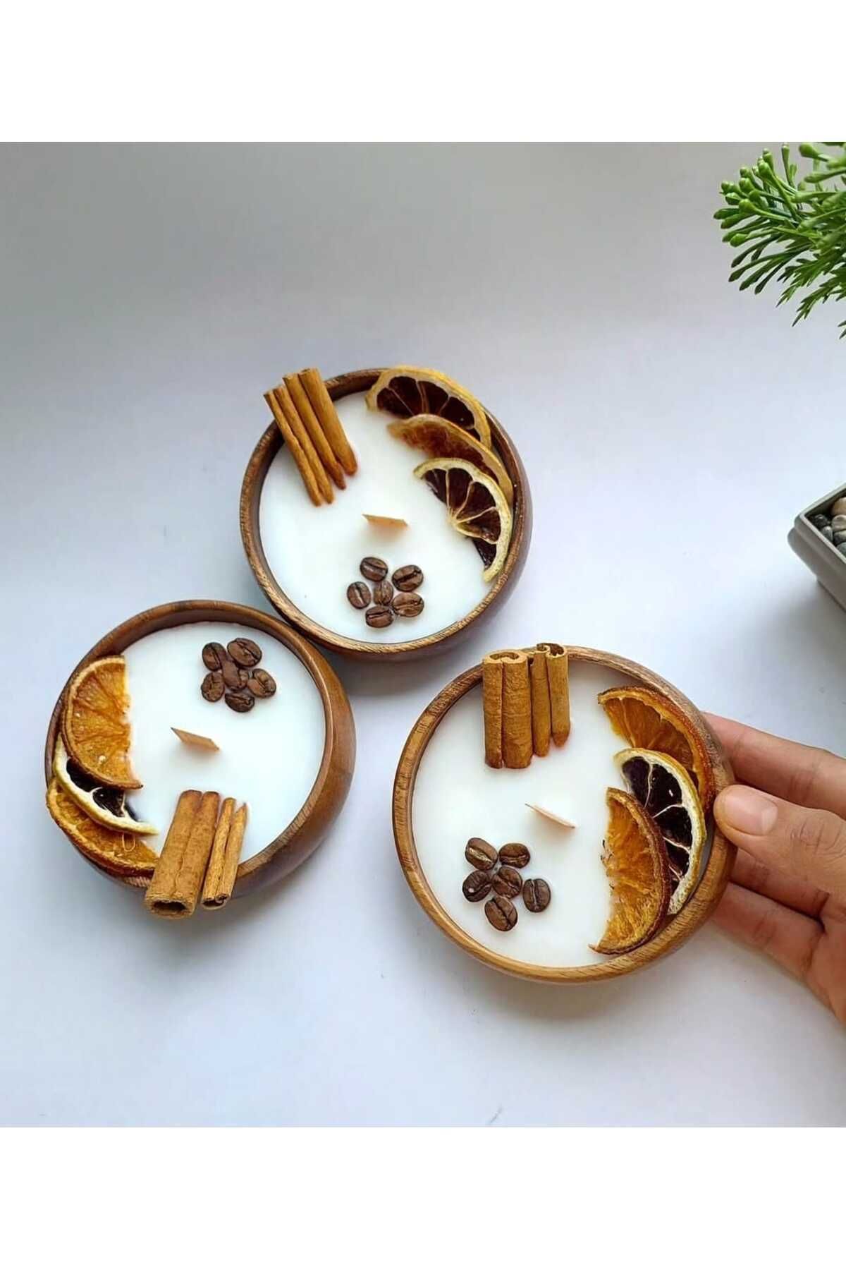DEKORANLA Portakal ve tarçın kokulu ahşap kase, doğal soya wax mum, şık ve doğal dekorasyon.