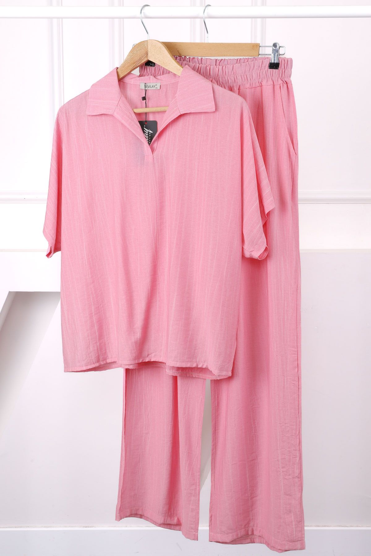 İmajButik Pembe Düşük Omuz Gömlek Pantolonlu Keten Takım