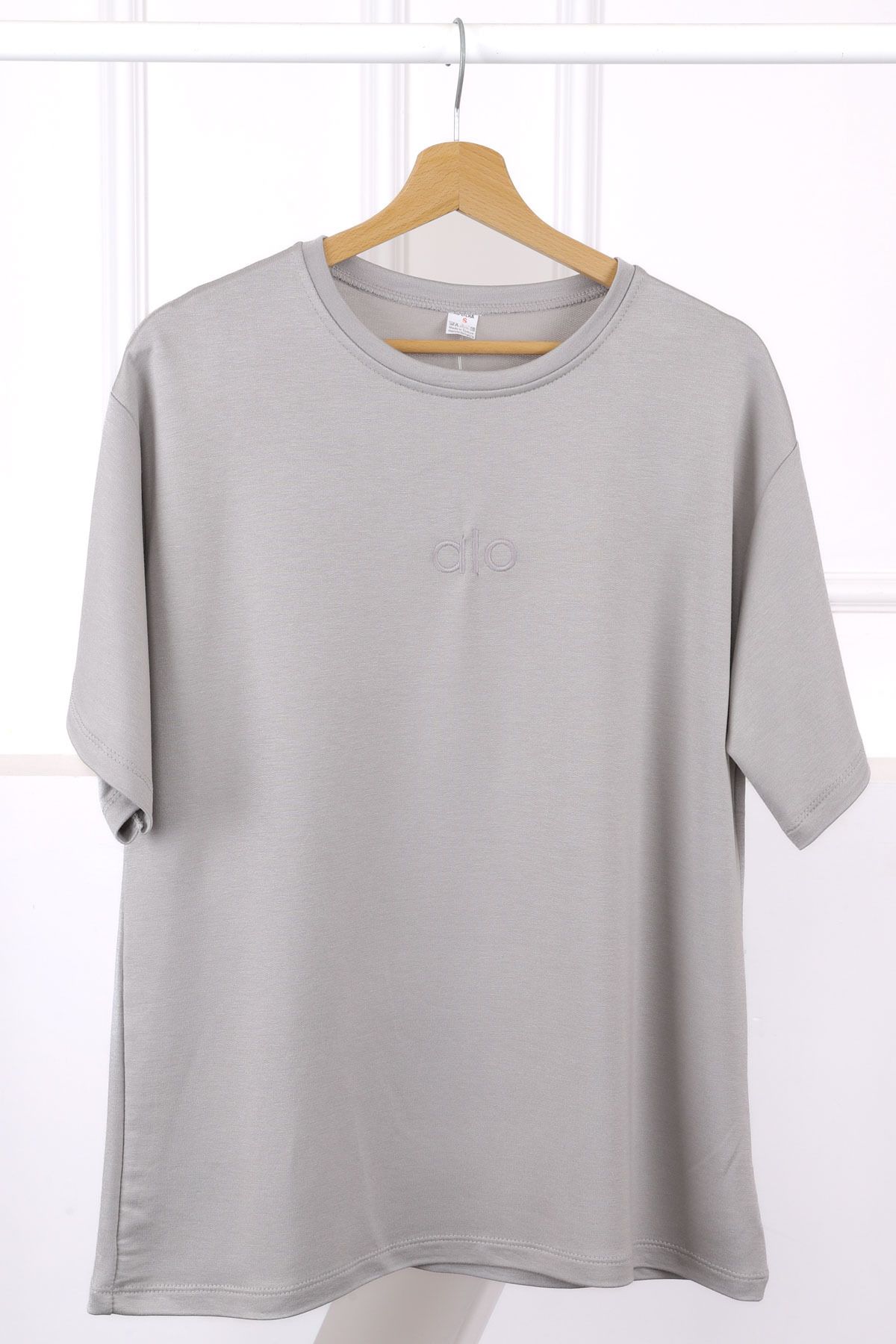 İmajButik Gri Nakışlı Kısa Kol Modal T-Shirt