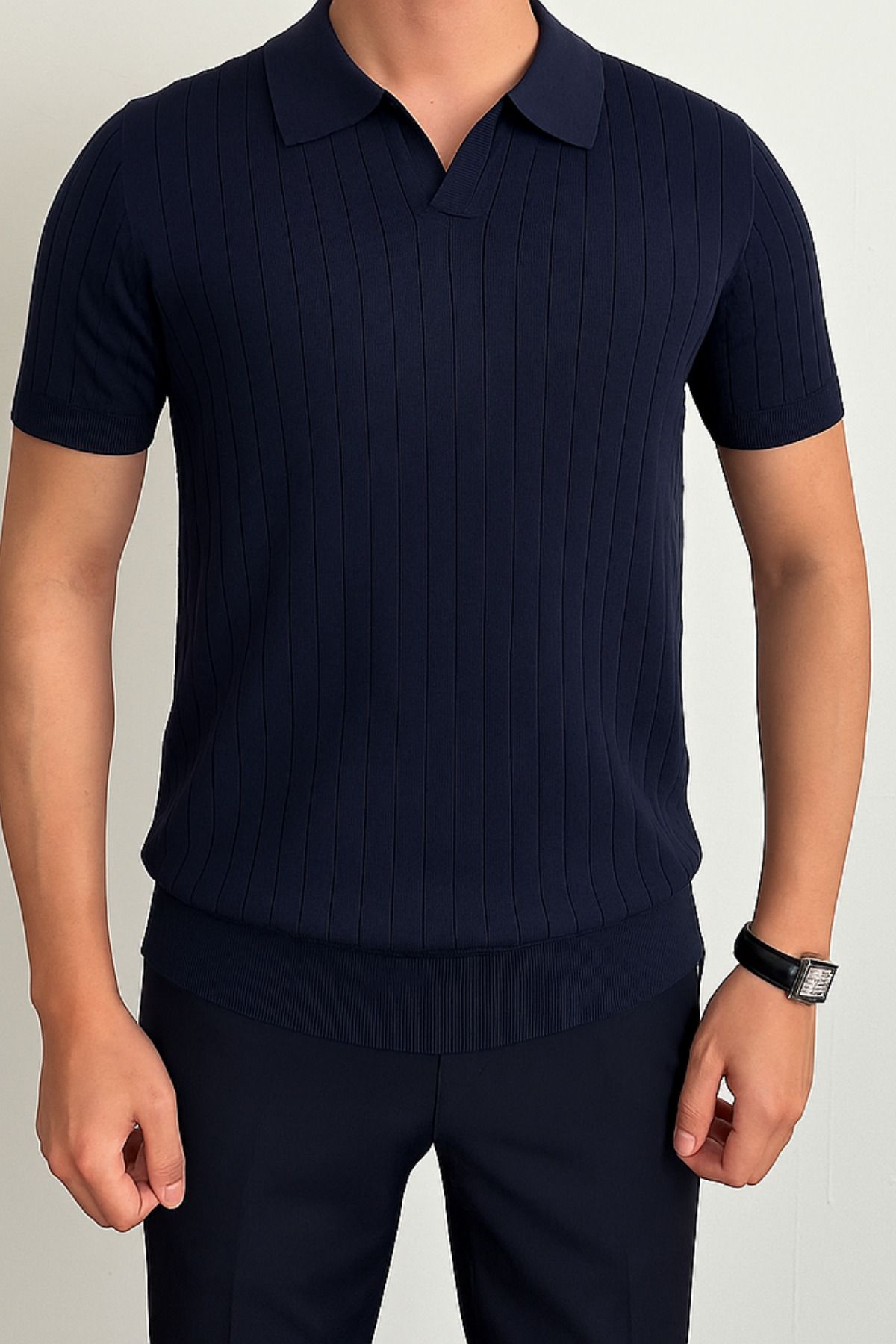 Tarz Cool Erkek Lacivert Slim Fit Fitilli Polo Yaka Triko T-Shirt