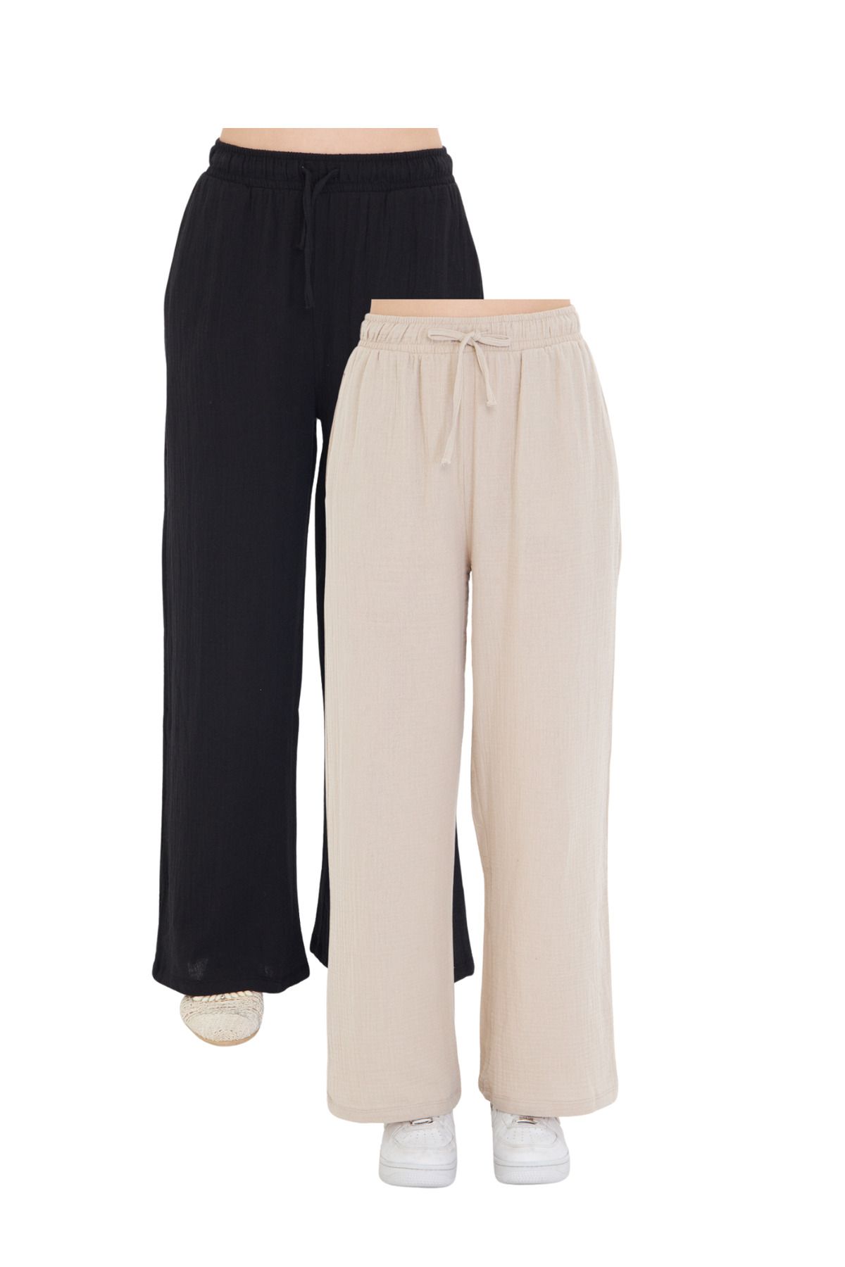 THIFF GYMWEAR Kadın Bol Paça Müslin Pantolon 2'li Set