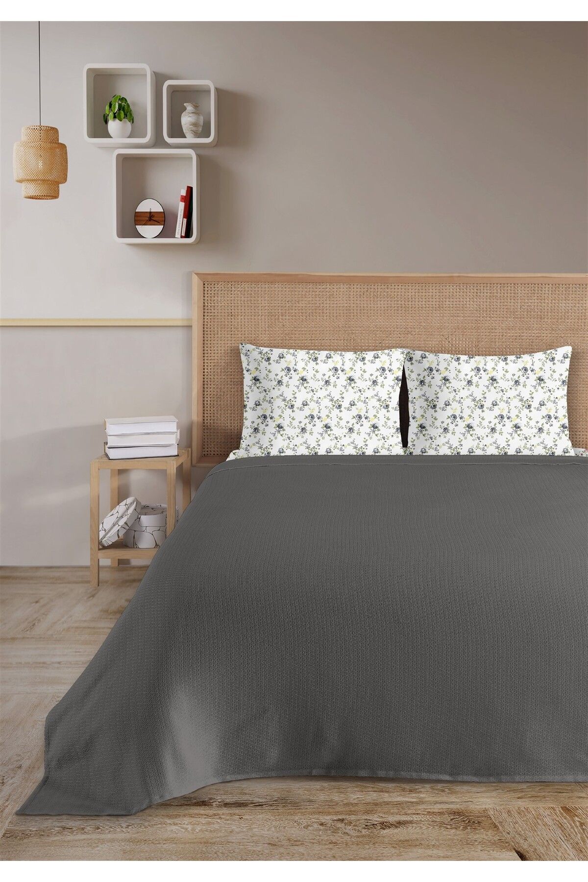 HomeBerry %100 Pamuk Medusa Antrasit Tek Kişilik Pike Takımı 160 x 230 cm