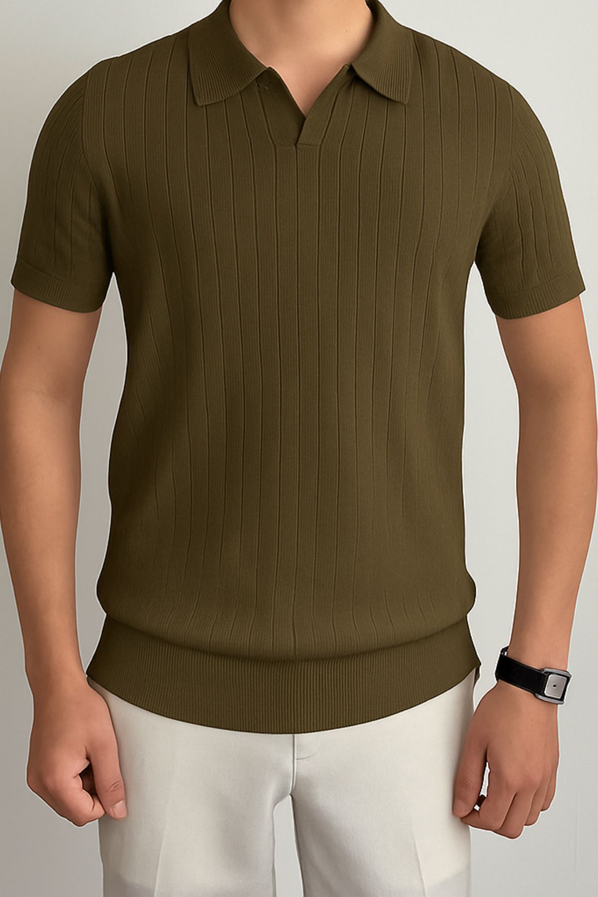 Tarz Cool Erkek Haki Slim Fit Fitilli Polo Yaka Triko T-Shirt