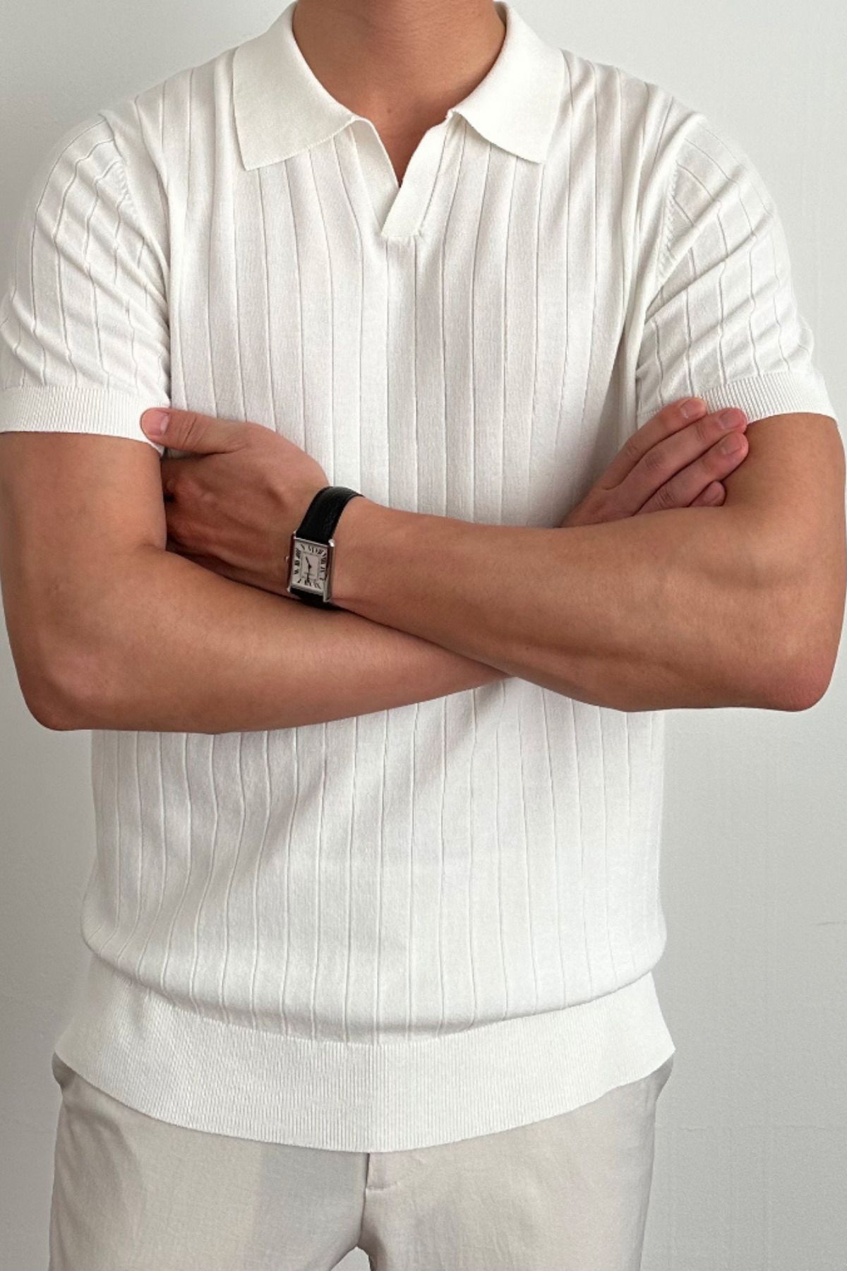Tarz Cool Erkek Beyaz Slim Fit Fitilli Polo Yaka Triko T-Shirt