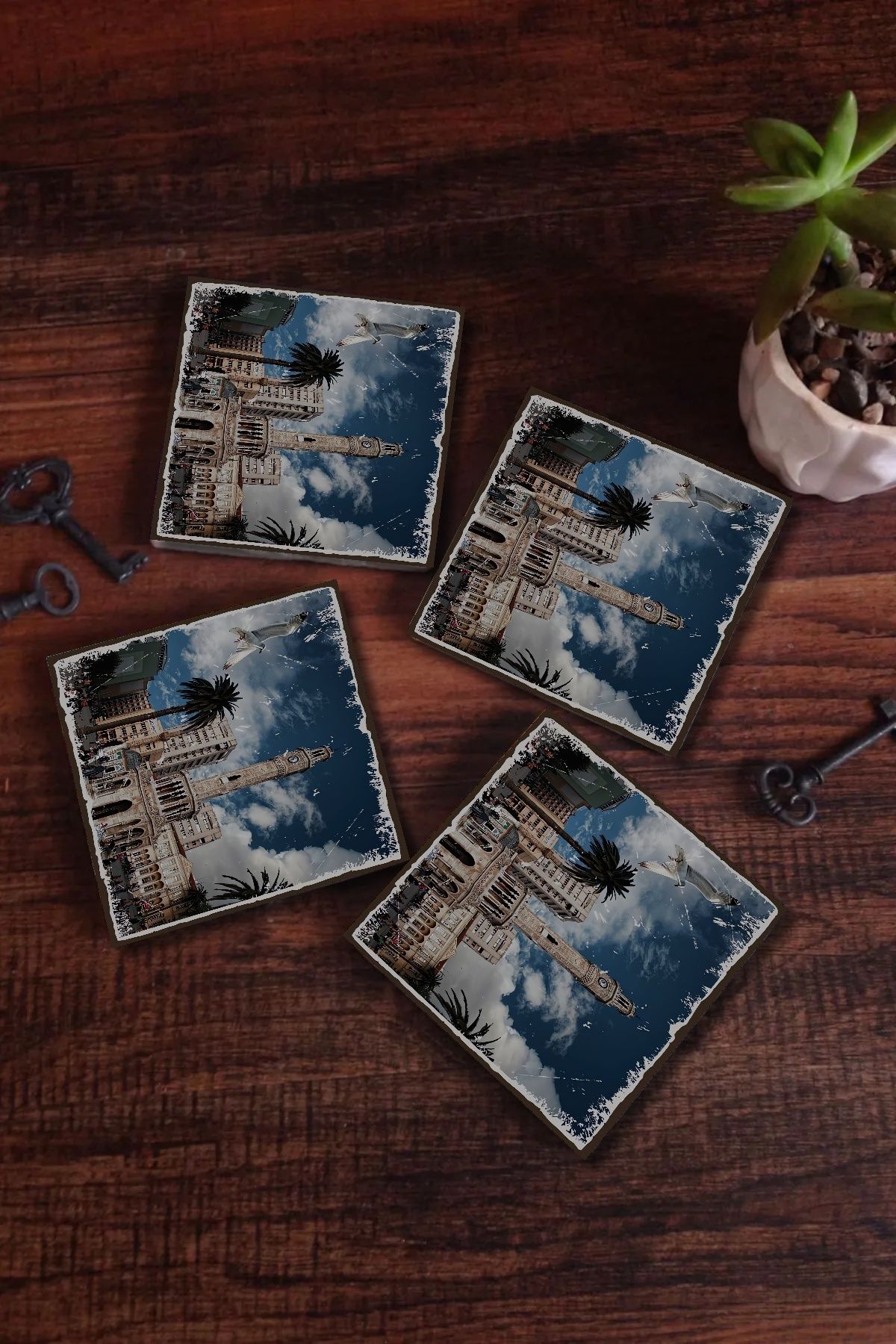 DEKORANLA Kare Ahşap Bardak Altlığı 6'lı, Retro Tarz, 10x10 cm, Ekonomik Paket