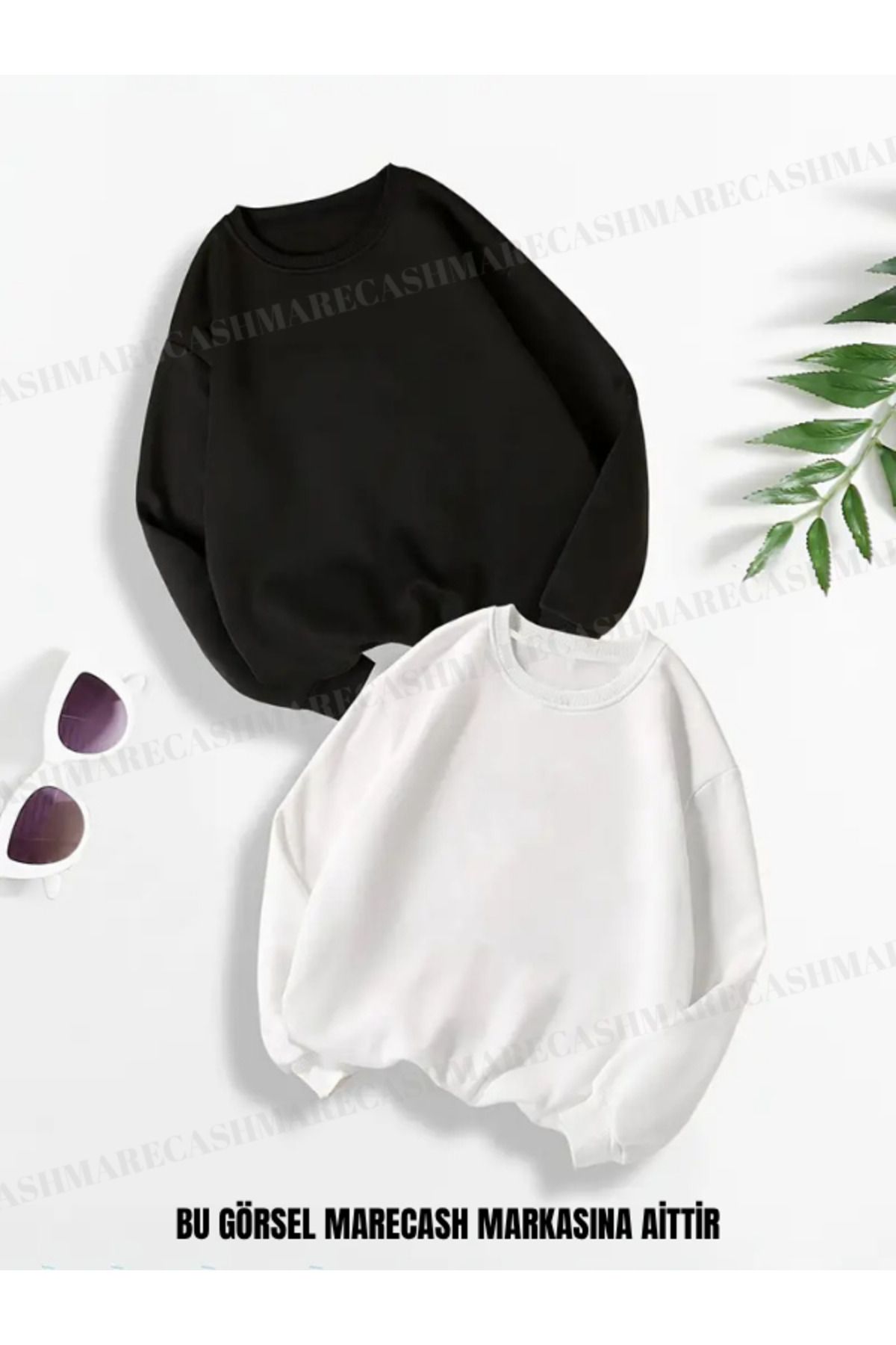 MARECASH 2'li Bisiklet Yaka Sweatshirt Kışlık Siyah Beyaz Kalın 3 İplik